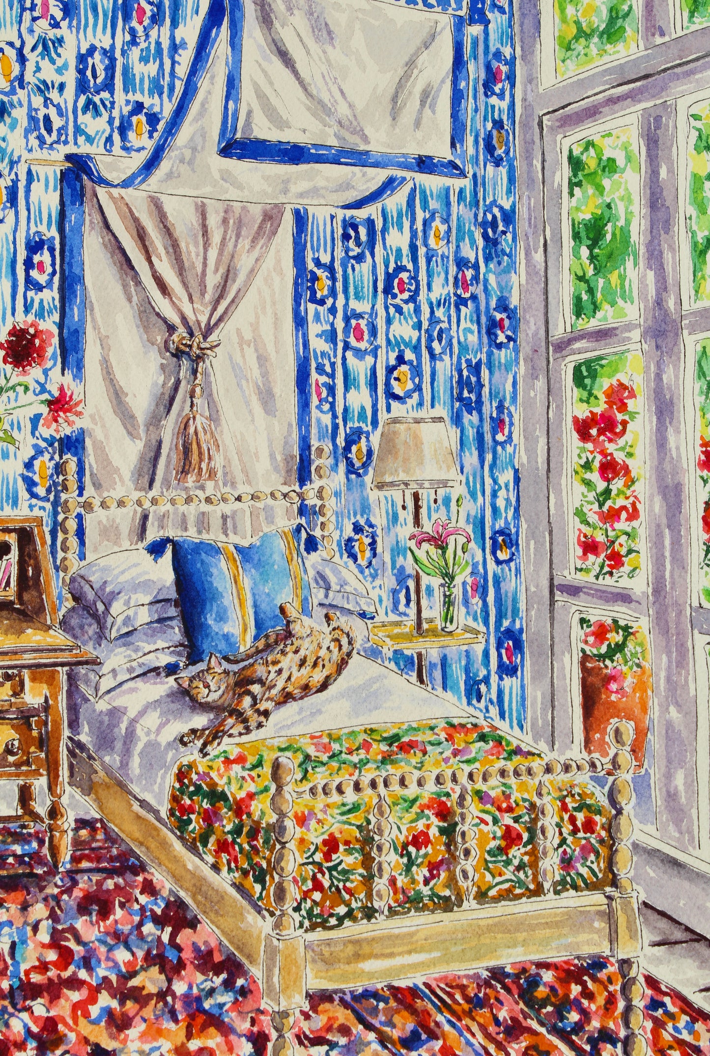 What's Blue Pussycat?, An Original 14" x 10" Watercolor And Ink Painting Of A Maximalist Designed Room With A Bengal Cat