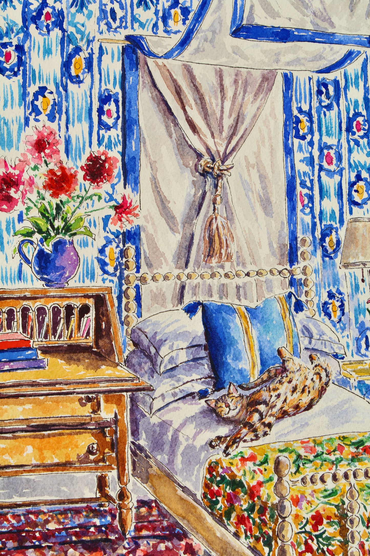 What's Blue Pussycat?, An Original 14" x 10" Watercolor And Ink Painting Of A Maximalist Designed Room With A Bengal Cat