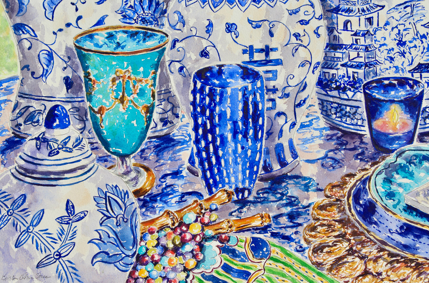 Chinoiserie Table Style, An Original 25.5" Square Watercolor And Ink Chinoiserie Painting