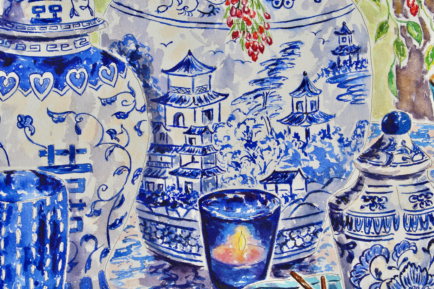 Where Colors Conspire, A Masterpiece To Impart, An Original 25.5" Square Watercolor And Ink Chinoiserie Painting