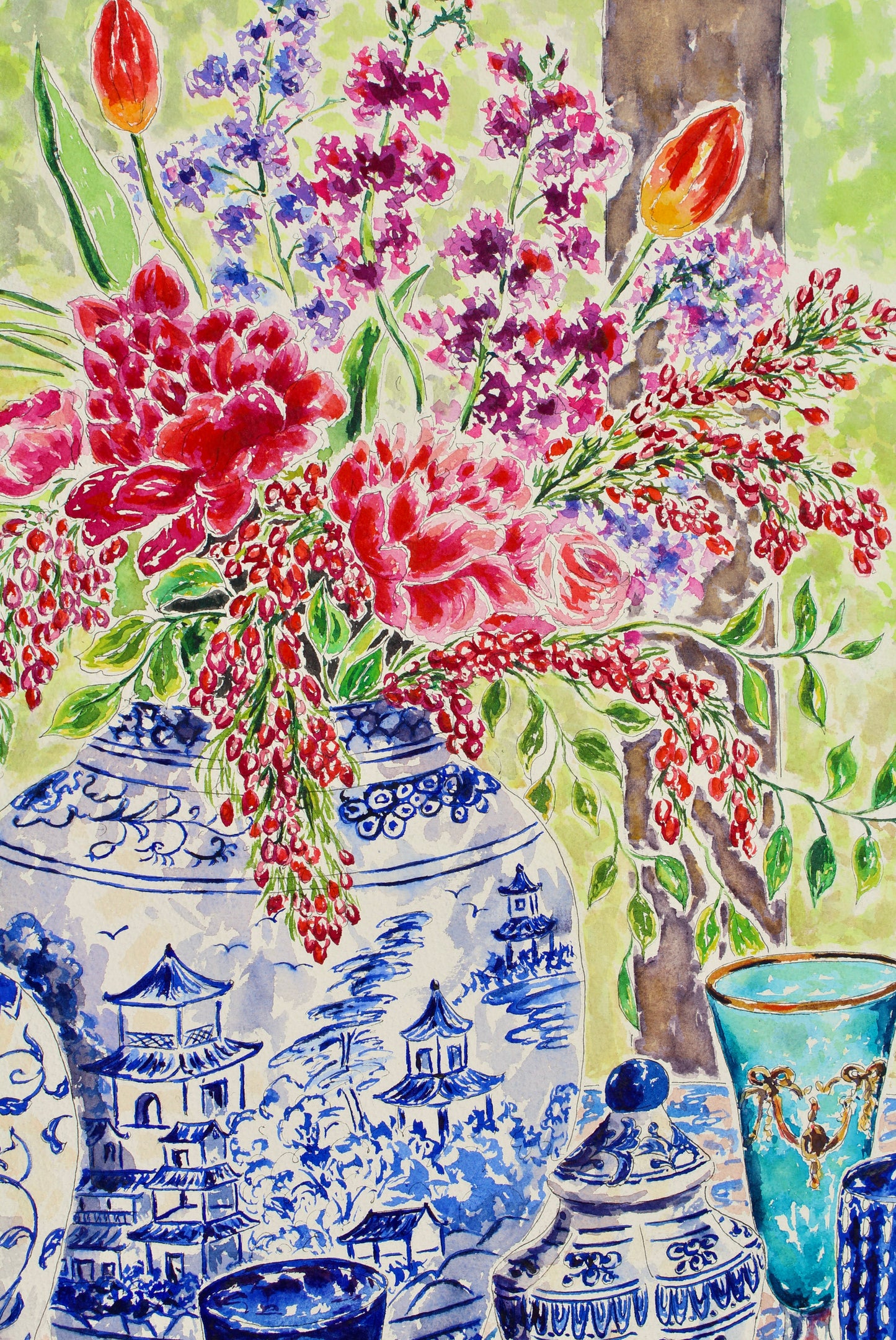 Chinoiserie Table Style, An Original 25.5" Square Watercolor And Ink Chinoiserie Painting