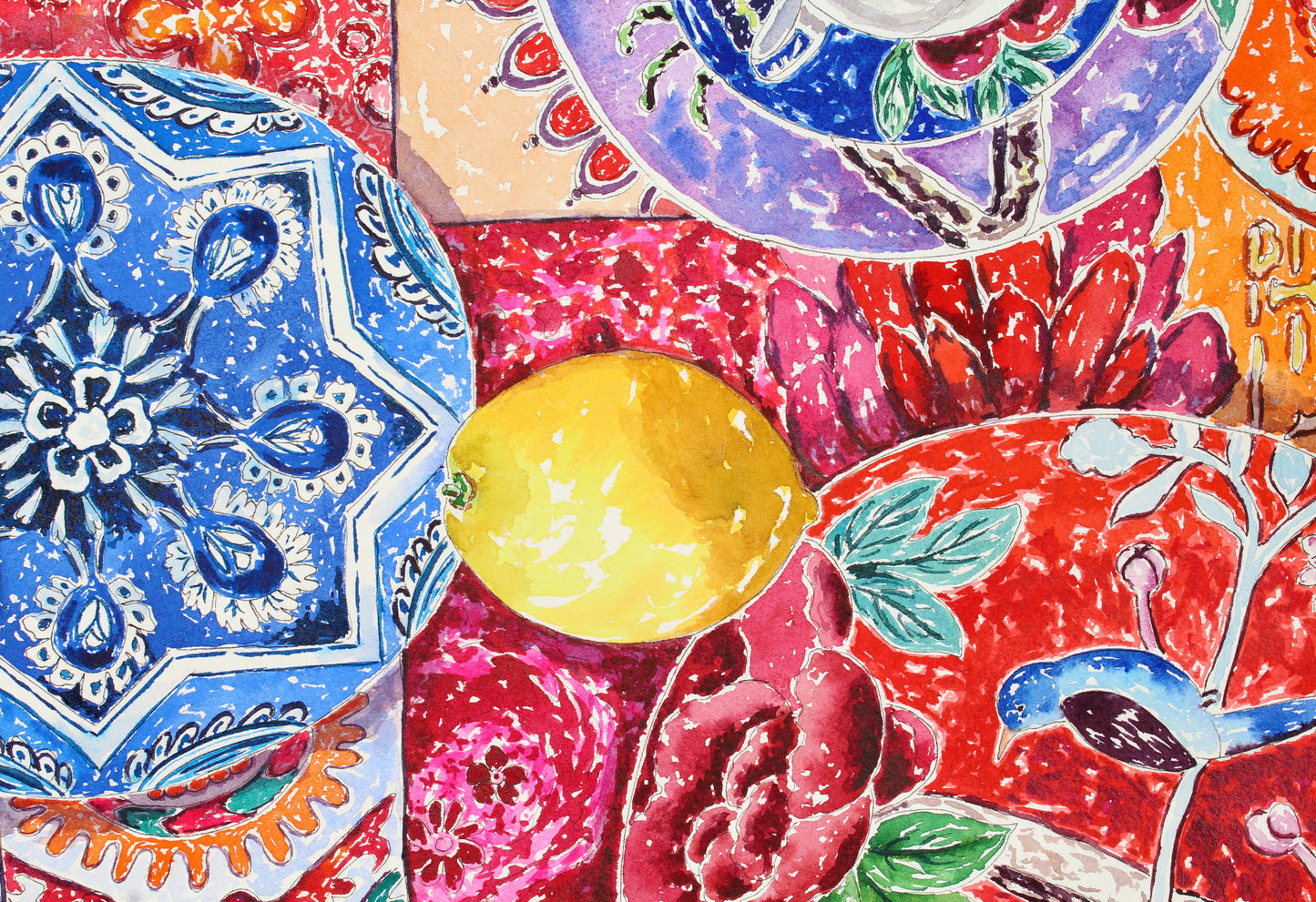 Brunch In Barcelona, An Original 22" x 30" Highly Detailed Watercolor And Ink Painting Of A Maximalist Table Setting