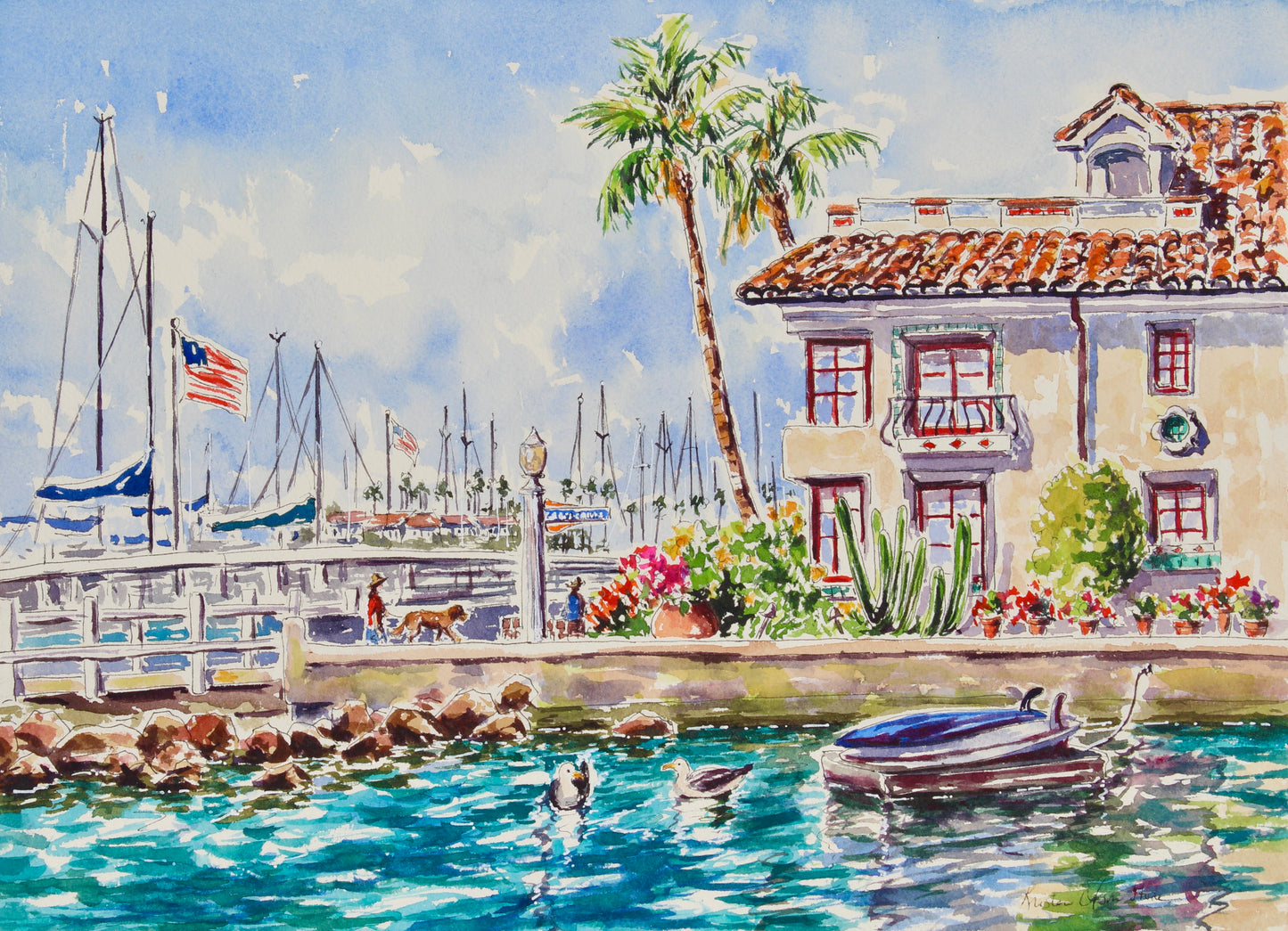 Exploring Balboa Island, An Original Watercolor And Ink Painting