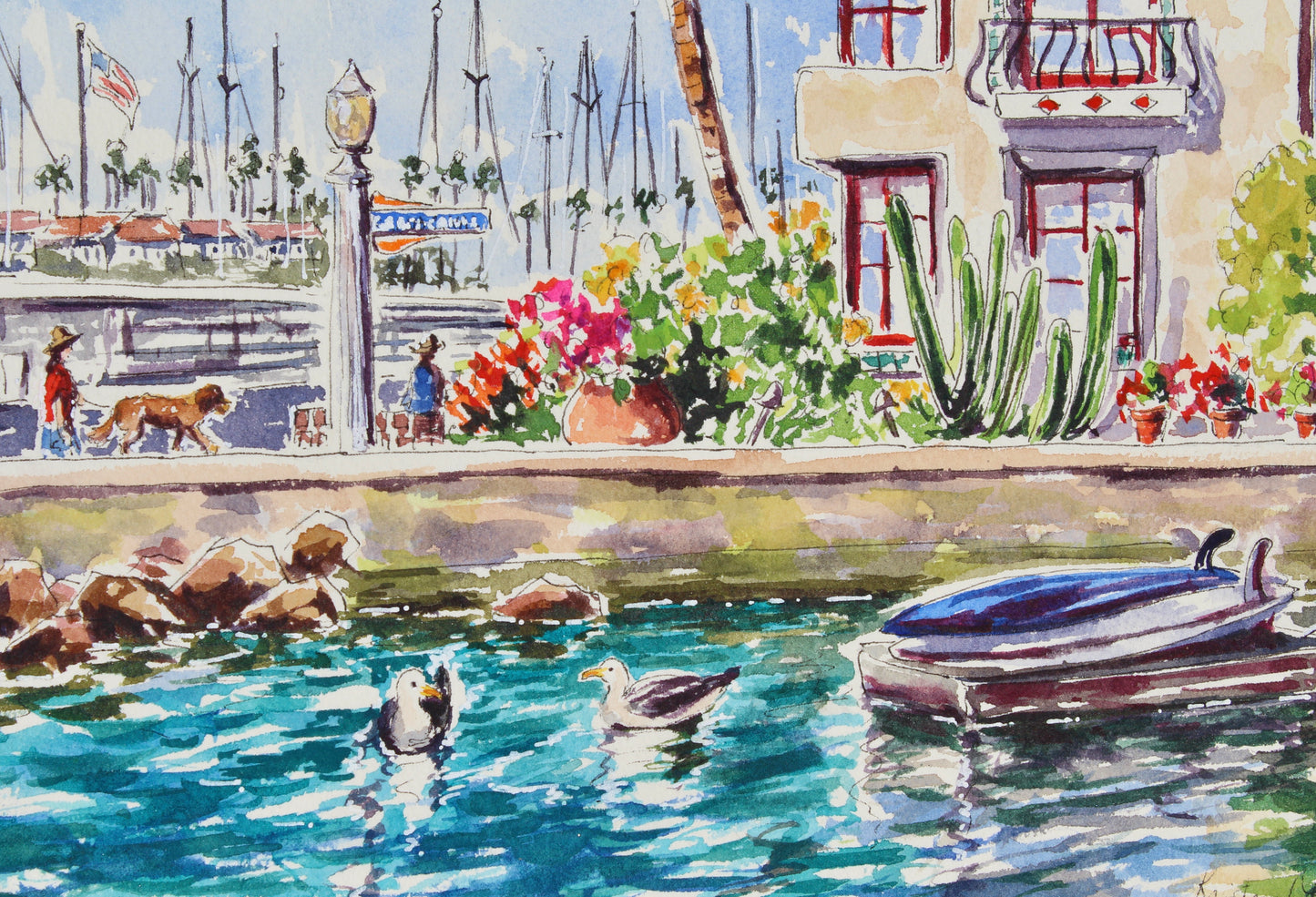 Exploring Balboa Island, An Original 10" x 14" Watercolor And Ink Painting Of Balboa Island With Golden Retrievers And Casa Revilo On South Bayfront