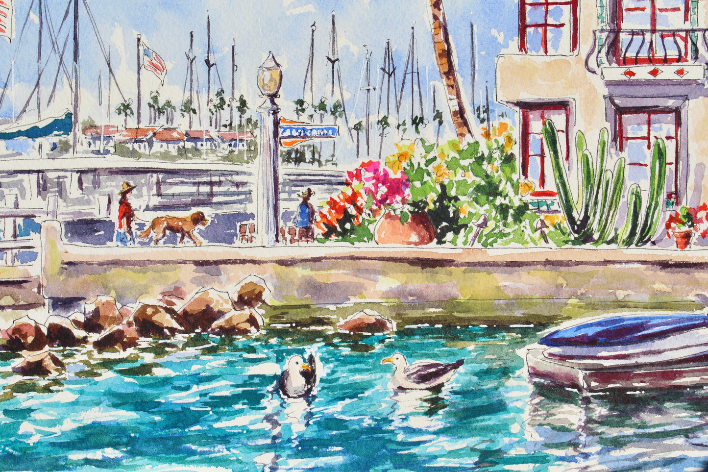 Exploring Balboa Island, An Original 10" x 14" Watercolor And Ink Painting Of Balboa Island With Golden Retrievers And Casa Revilo On South Bayfront