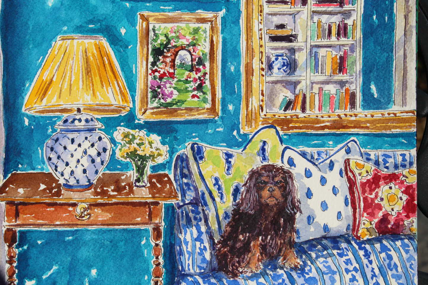 Mirror Mirror On The Wall, An Original 14" x 10" Watercolor And Ink Painting Of A Room Scene With A Teal Wall And King Charles Cavalier Spaniel
