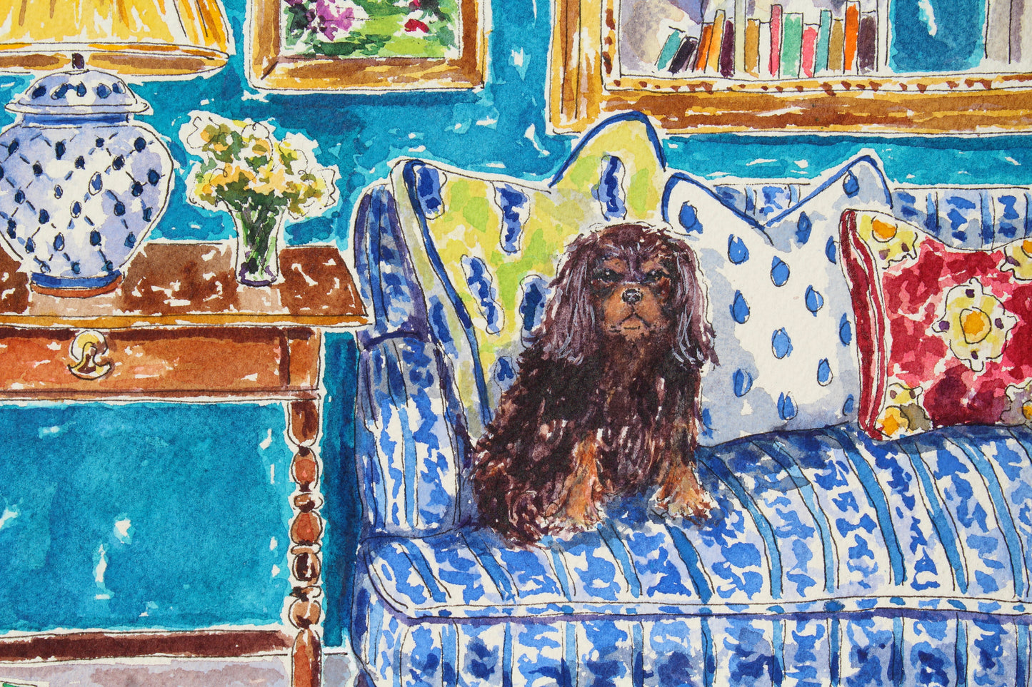 Mirror Mirror On The Wall, An Original 14" x 10" Watercolor And Ink Painting Of A Room Scene With A Teal Wall And King Charles Cavalier Spaniel