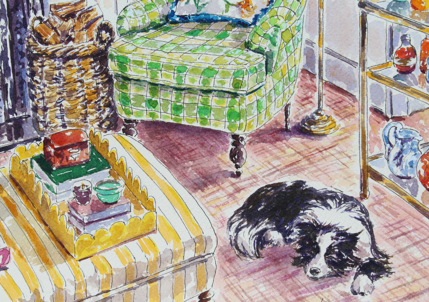 Sheep Dog, An Original 14" x 10" Watercolor And Ink Painting Of An Interior Scene With A Border Collie
