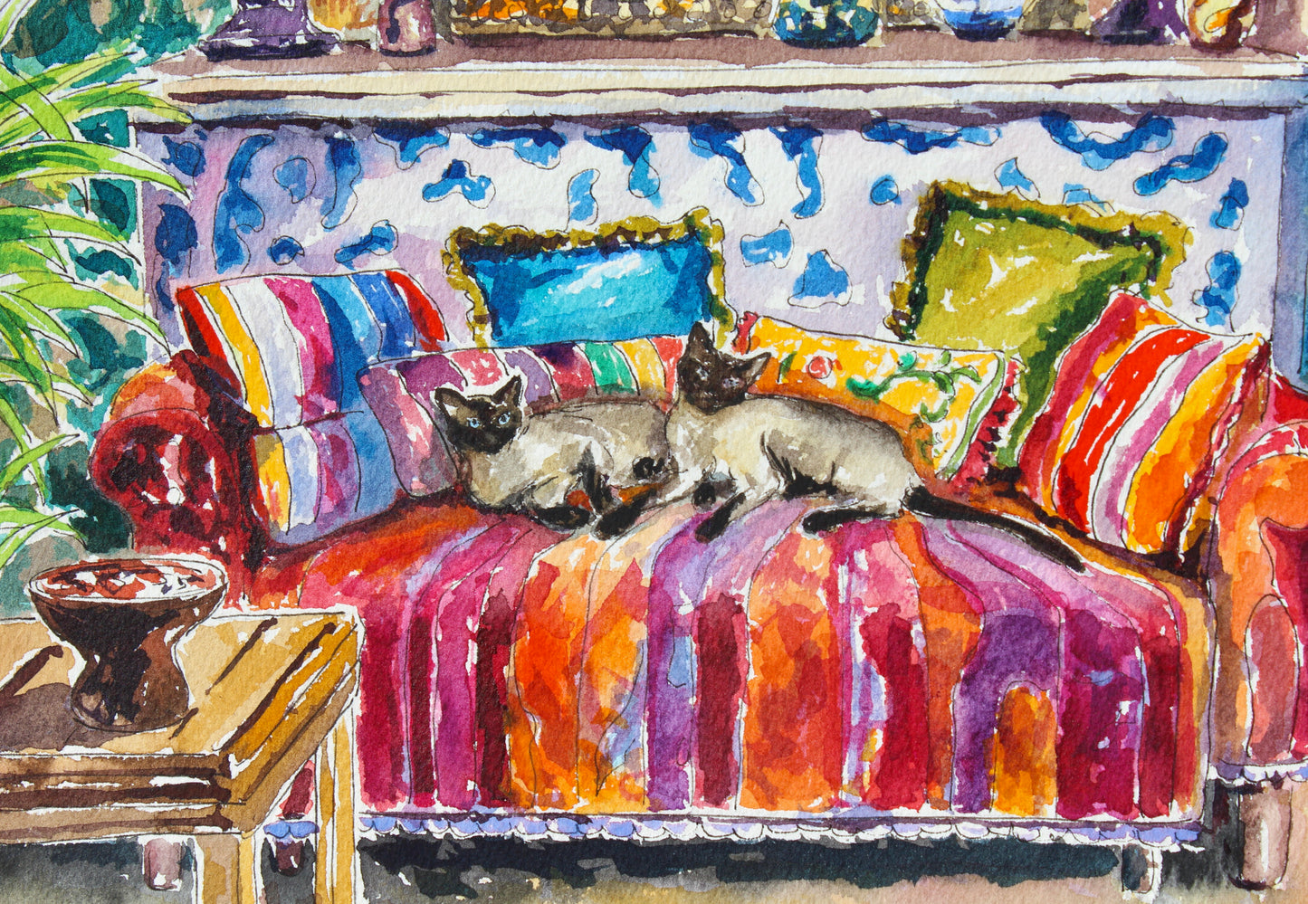 Siamese In Siam, An Original 9" x 12" Watercolor And Ink Painting Of 2 Siamese Cats In An Interior Scene