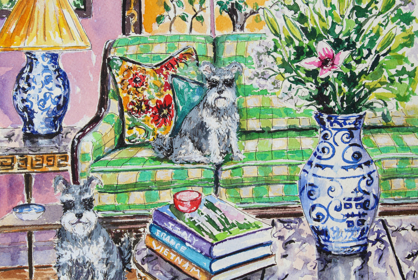 An original watercolor painting of 2 schnauzer dogs in an interior setting, The Schnauzers