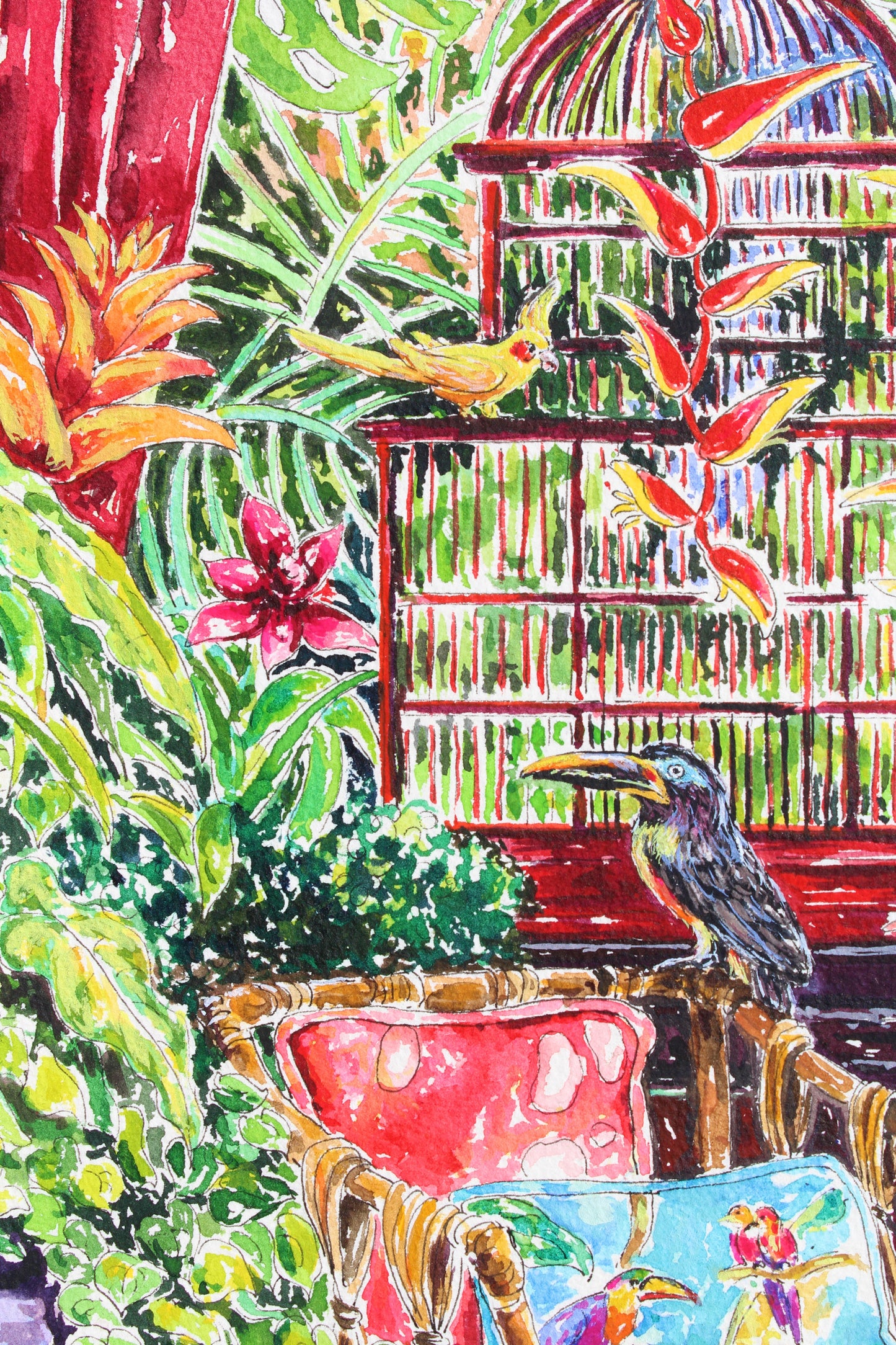 An Original Watercolor tropical home and birds painting, "Feathering The Nest"