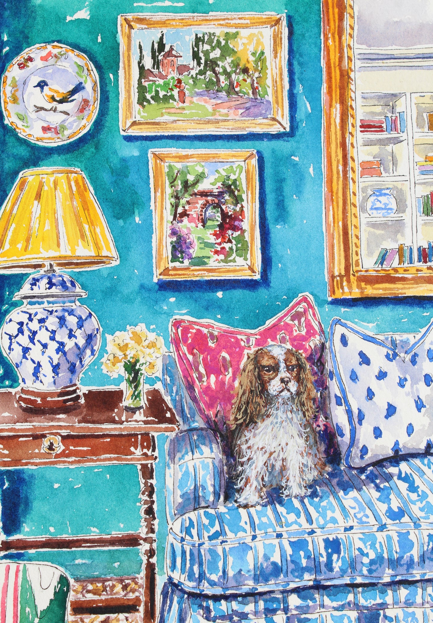 King Of The Castle, An Original 12" x 9" Interior Painting With A King Charles Cavalier Spaniel