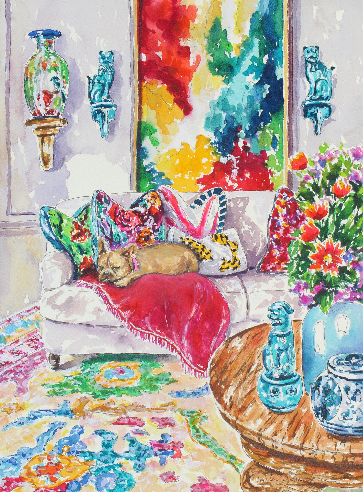 Commission A Pet Portrait, Original Watercolor Painting Of Your Pet In A Colorful Room Setting