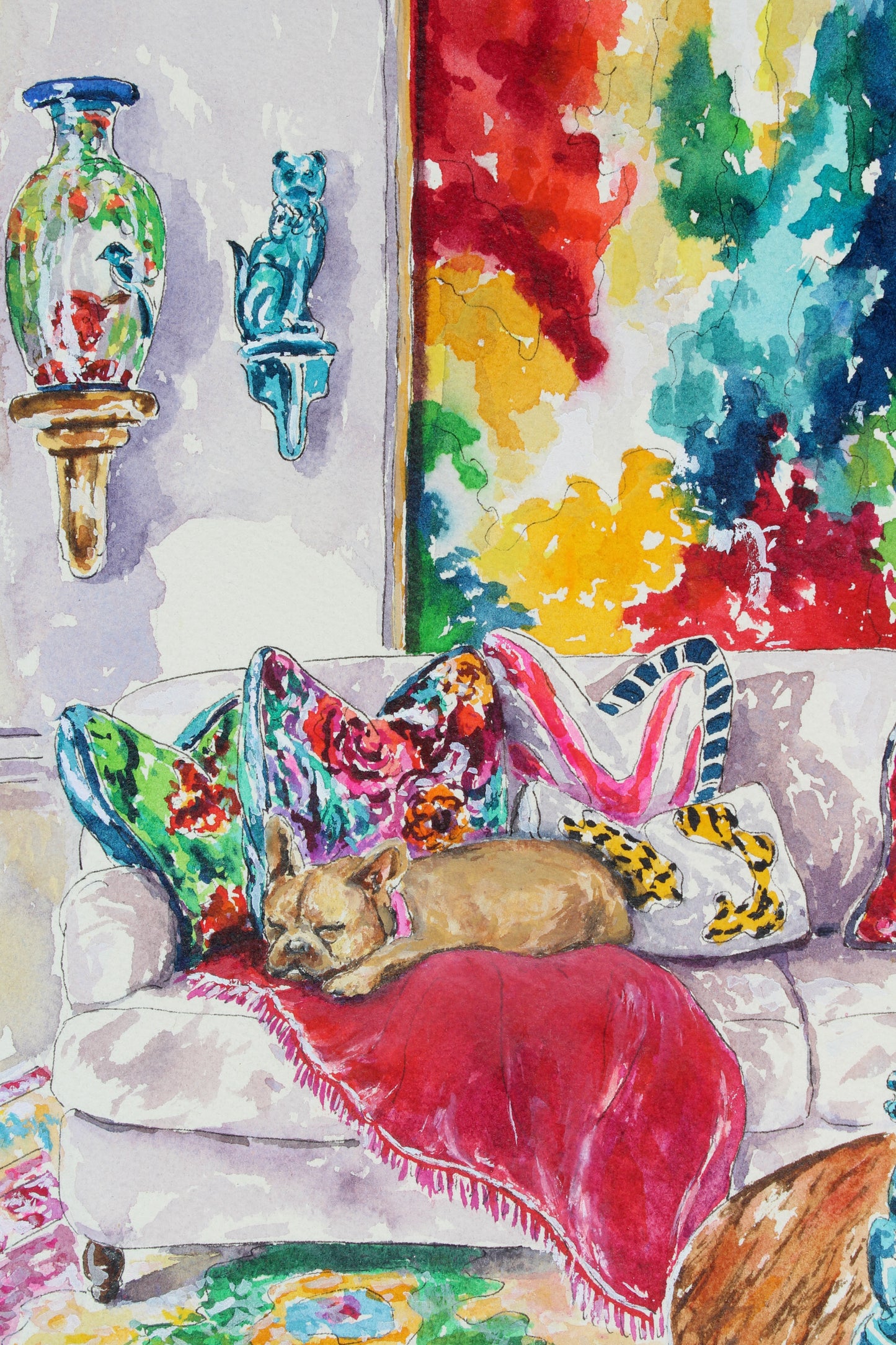 Dreaming Away, Original Watercolor And Ink Interior Painting Of A French Bulldog Asleep