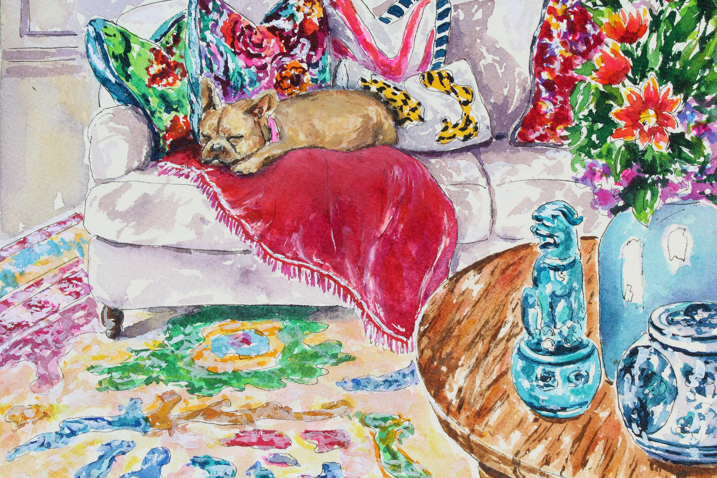 Dreaming Away, Original Watercolor And Ink Interior Painting Of A French Bulldog Asleep