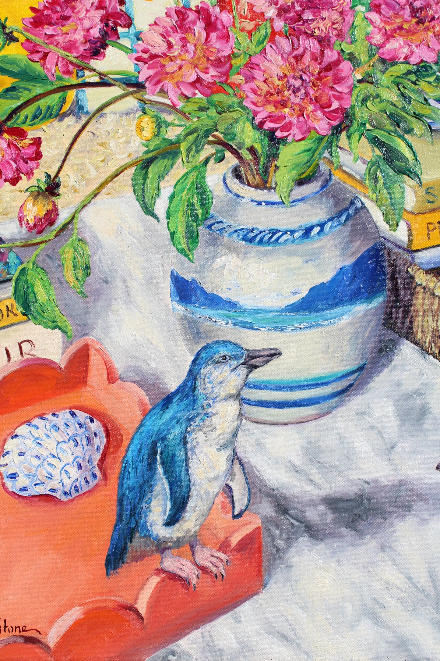 Original Fairy Blue Penguin Interior Oil Painting, A Living Room Tale