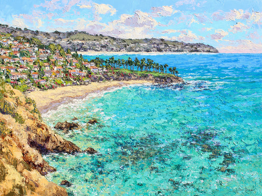 Original large oil painting of the view looking down into Crescent Bay and Crescent Beach, Laguna beach, California.  Sea cliffs, flower and homes are included.  Sea rocks and rocks underwater are in the front.