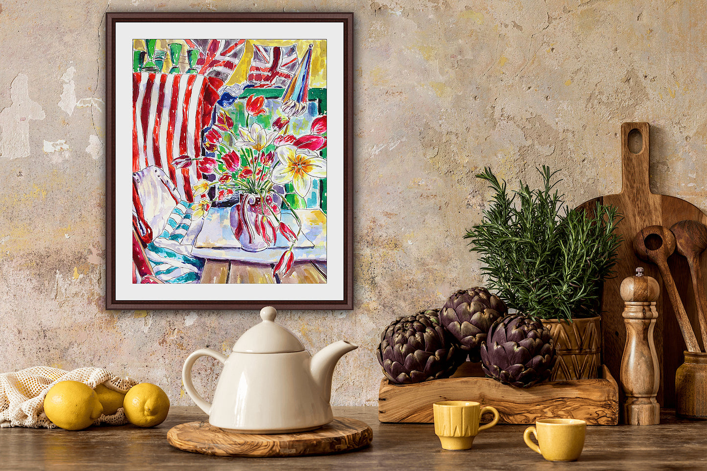 Summer Celebration, An Original Watercolor And Ink Painting Of Flowers, Union Jack And Red And White Striped Fabric