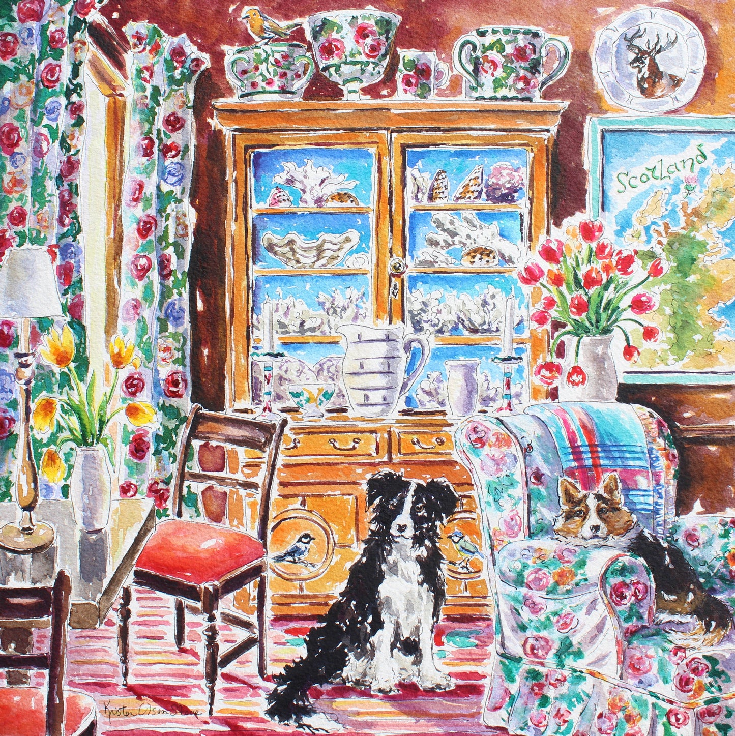 Commission A Pet Portrait, Original Watercolor Painting Of Your Pet In A Colorful Room Setting
