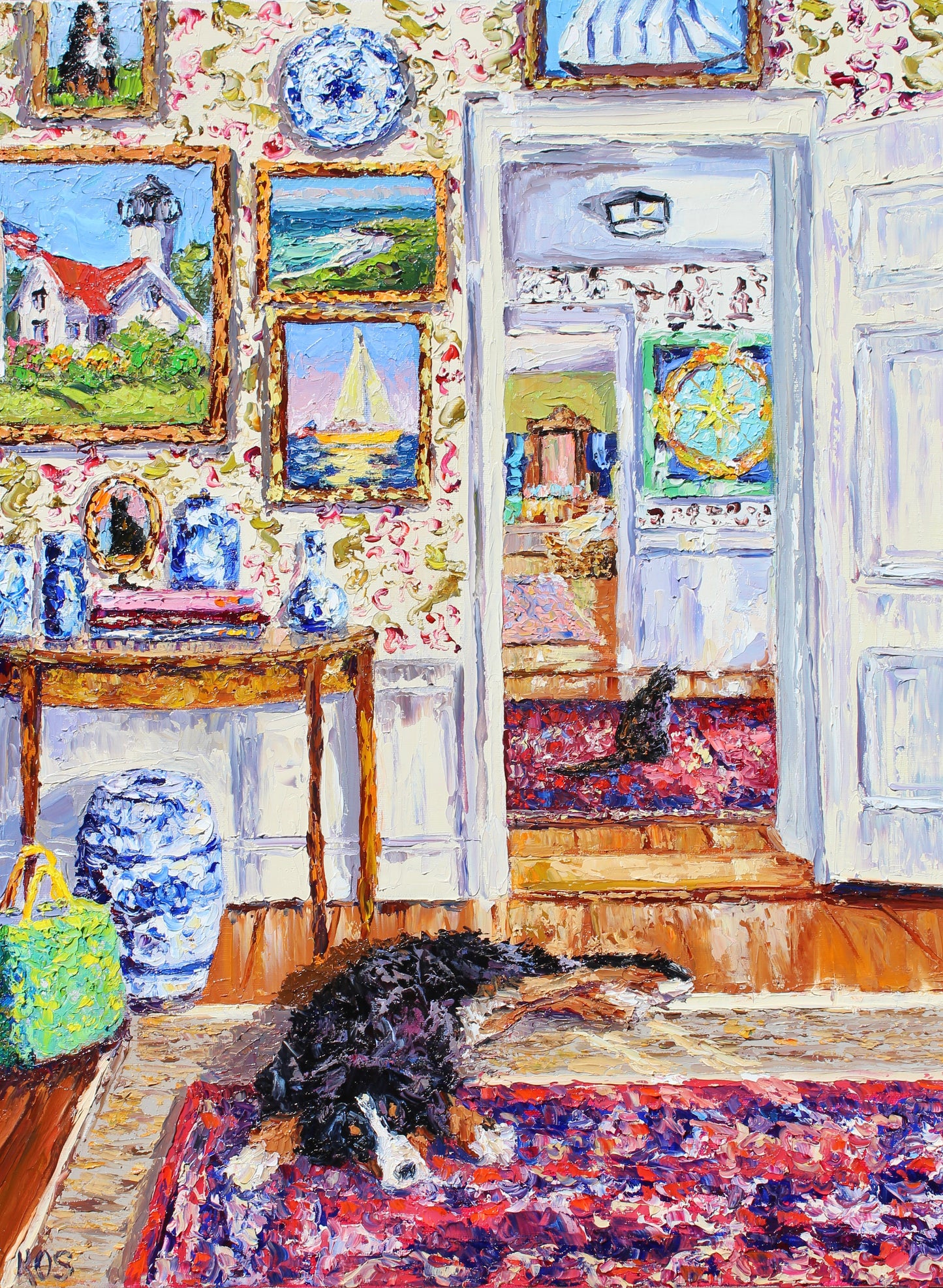 Commission A Pet Portrait, Original Oil Painting Of Your Pet In A Colorful Interior Or Garden Setting