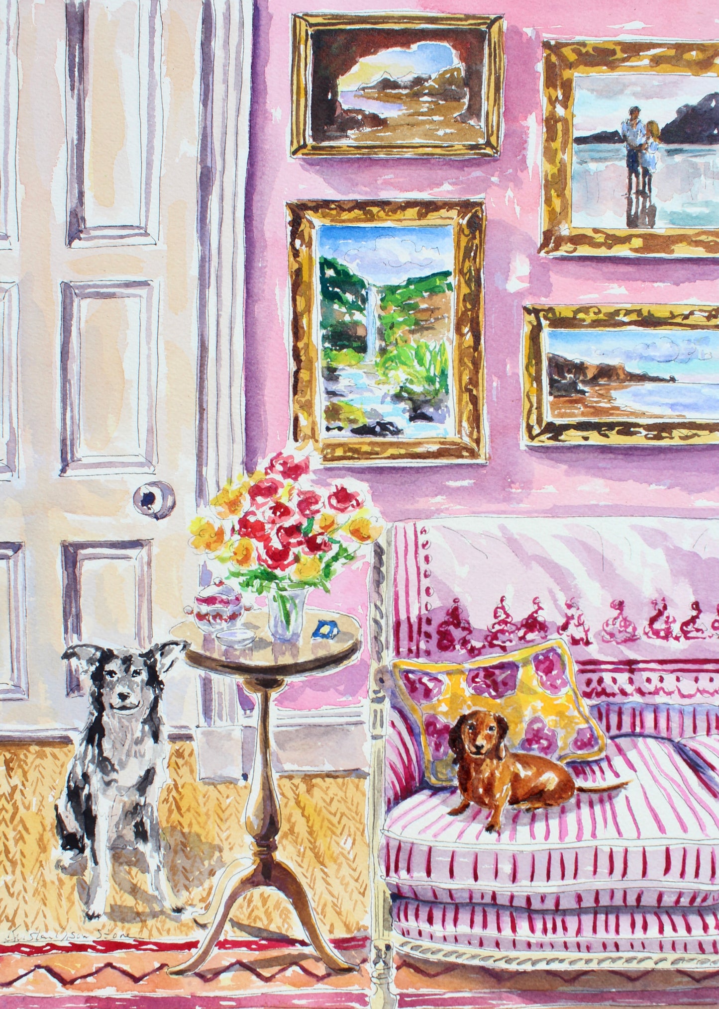 Commission A Pet Portrait, Original Watercolor Painting Of Your Pet In A Colorful Room Setting