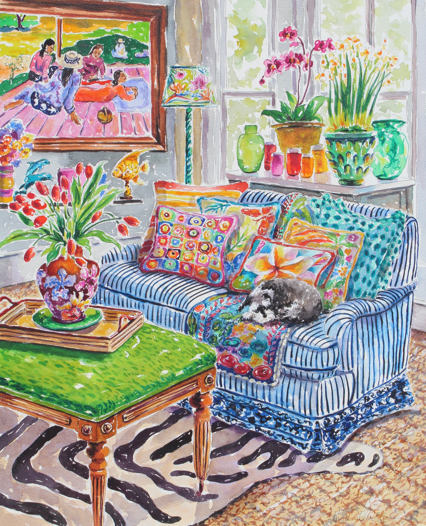 Commission A Pet Portrait, Original Watercolor Painting Of Your Pet In A Colorful Room Setting