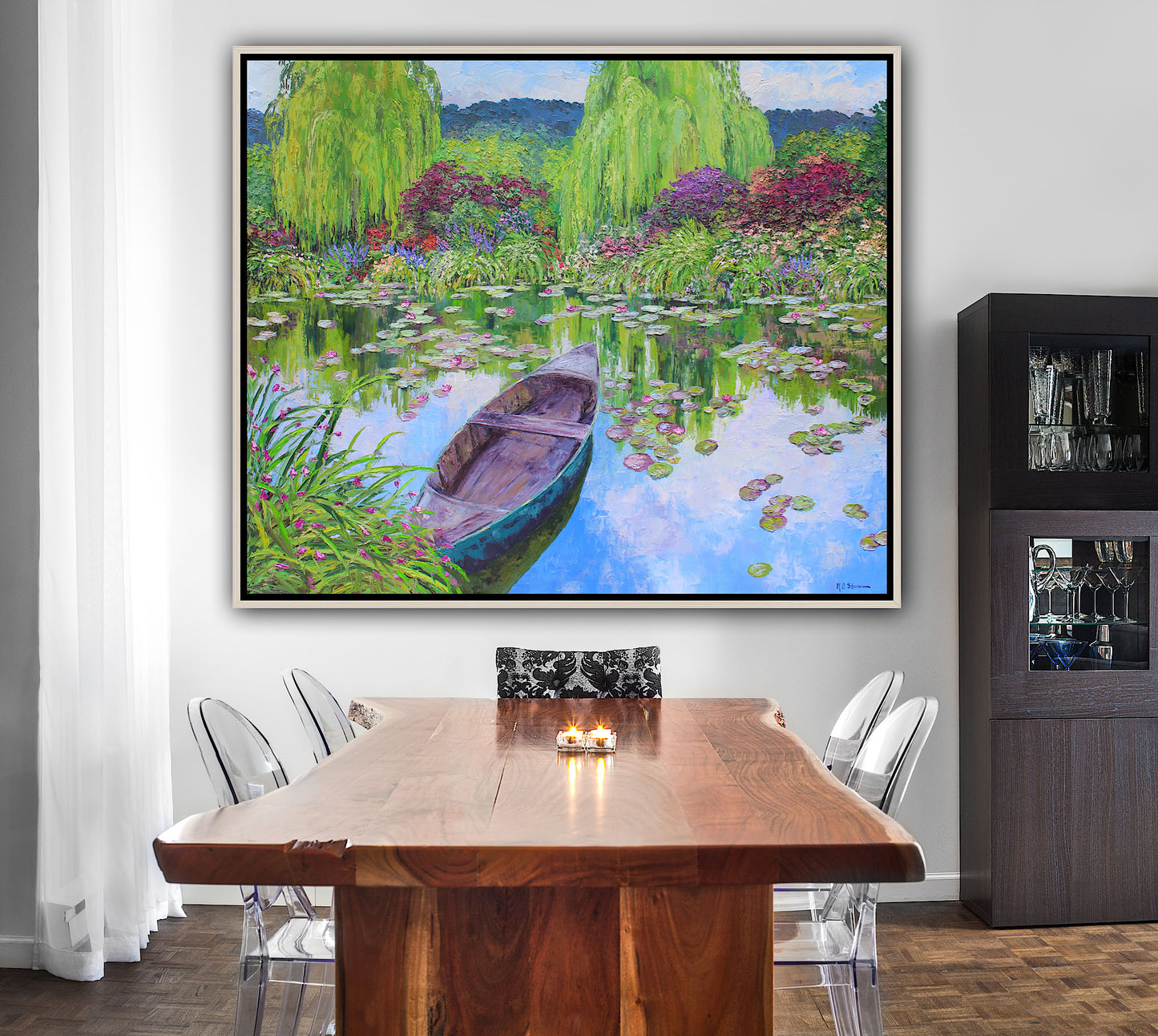 The Norwegian boat At Giverny,  Extra Large 50" x 60" Garden Landscape Of Monet's Waterlily Pond, Oil On Canvas