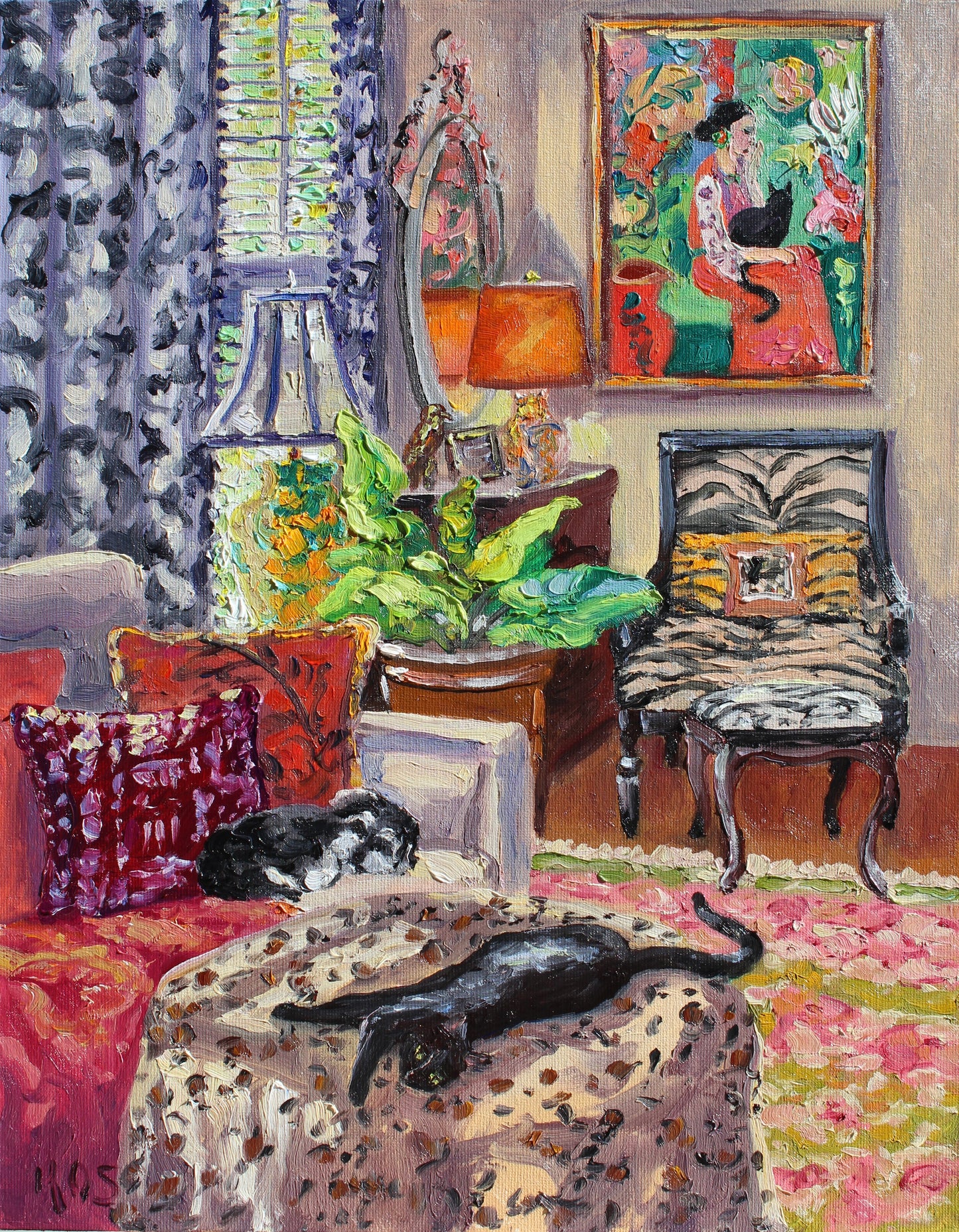 Commission A Pet Portrait, Original Oil Painting Of Your Pet In A Colorful Interior Or Garden Setting