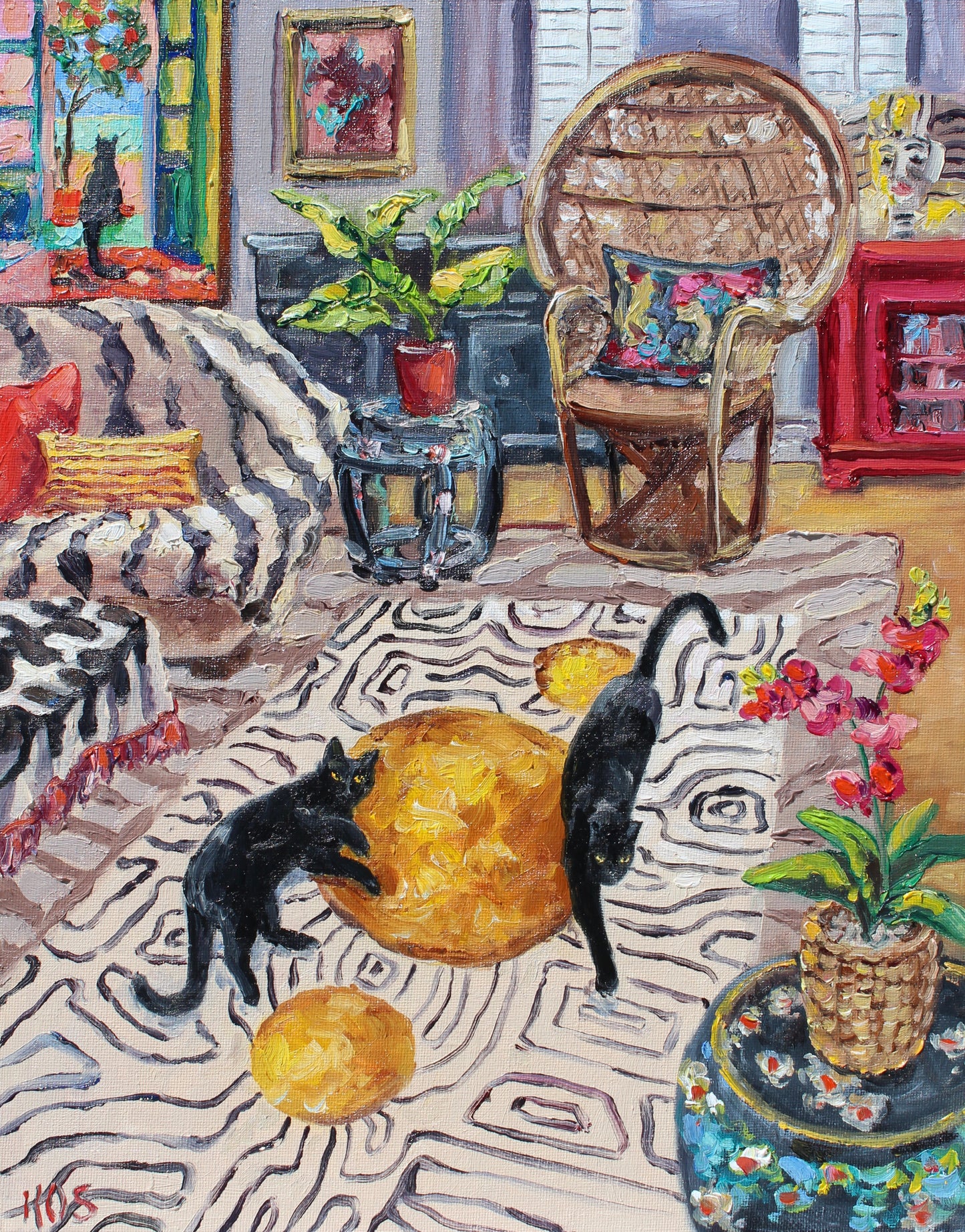 Commission A Pet Portrait, Original Oil Painting Of Your Pet In A Colorful Interior Or Garden Setting