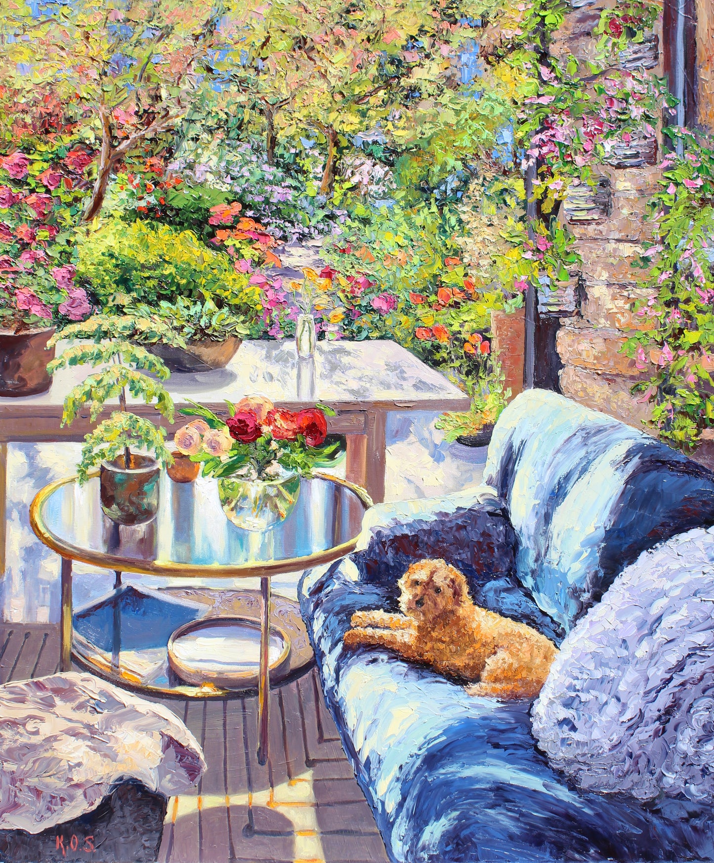 Commission A Pet Portrait, Original Oil Painting Of Your Pet In A Colorful Interior Or Garden Setting