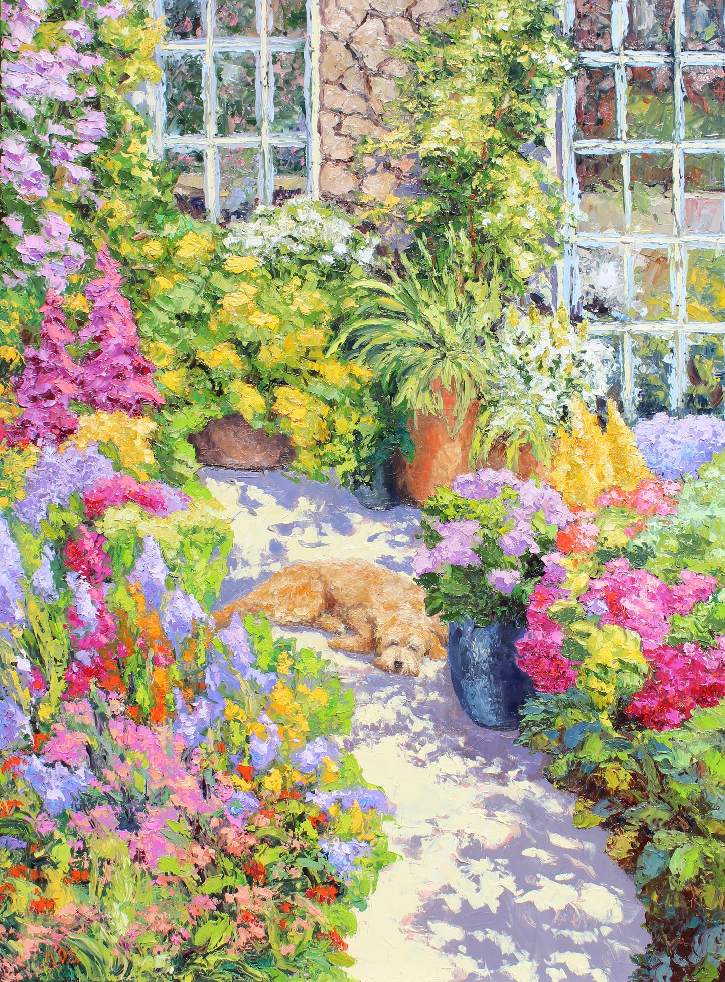 Commission A Pet Portrait, Original Oil Painting Of Your Pet In A Colorful Interior Or Garden Setting