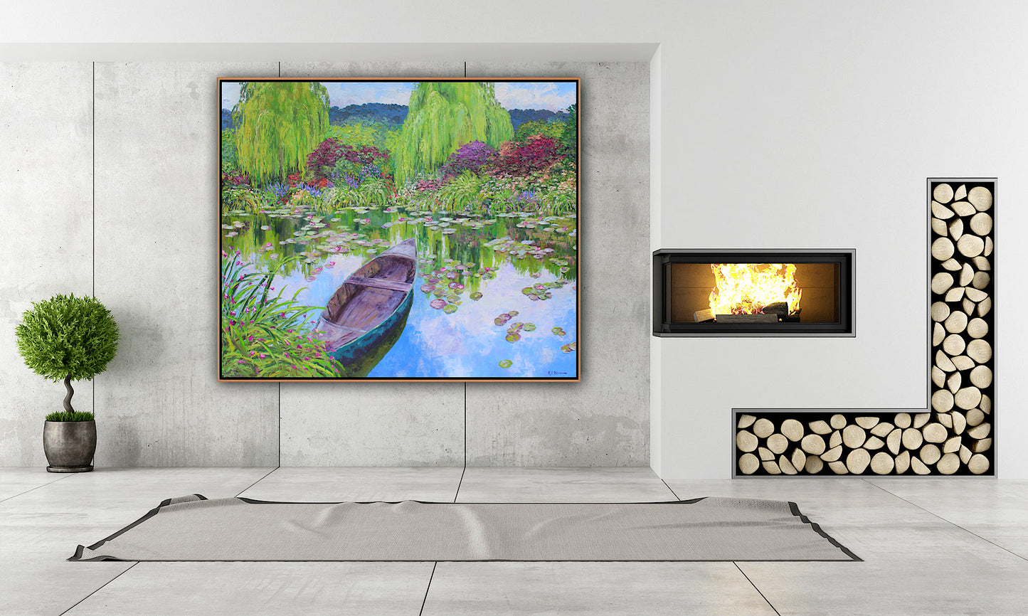 The Norwegian boat At Giverny,  Extra Large 50" x 60" Garden Landscape Of Monet's Waterlily Pond, Oil On Canvas