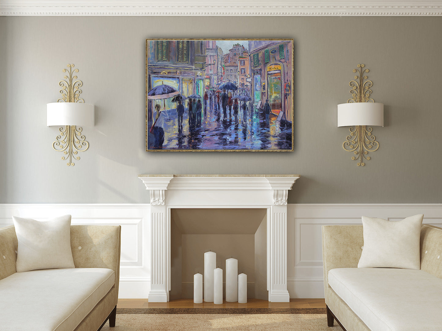 A Rainy Evening Stroll In Rome, Original 30" x 40" European Cityscape Oil Painting On Canvas