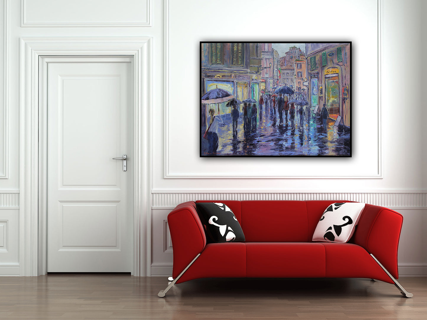 A Rainy Evening Stroll In Rome, Original 30" x 40" European Cityscape Oil Painting On Canvas