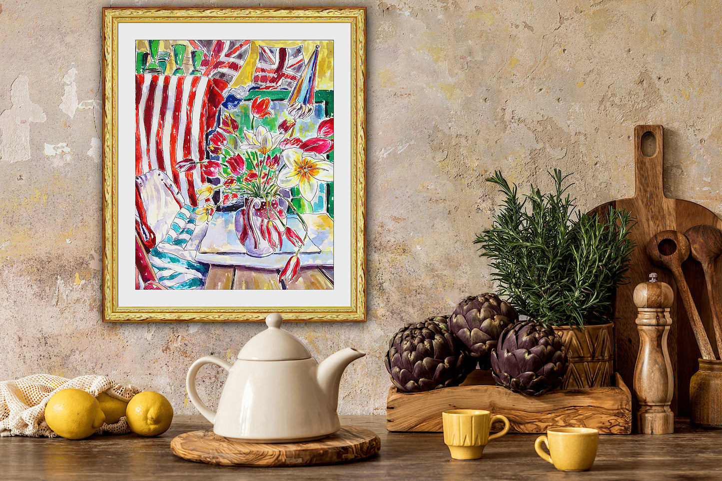 Summer Celebration, An Original Watercolor And Ink Painting Of Flowers, Union Jack And Red And White Striped Fabric