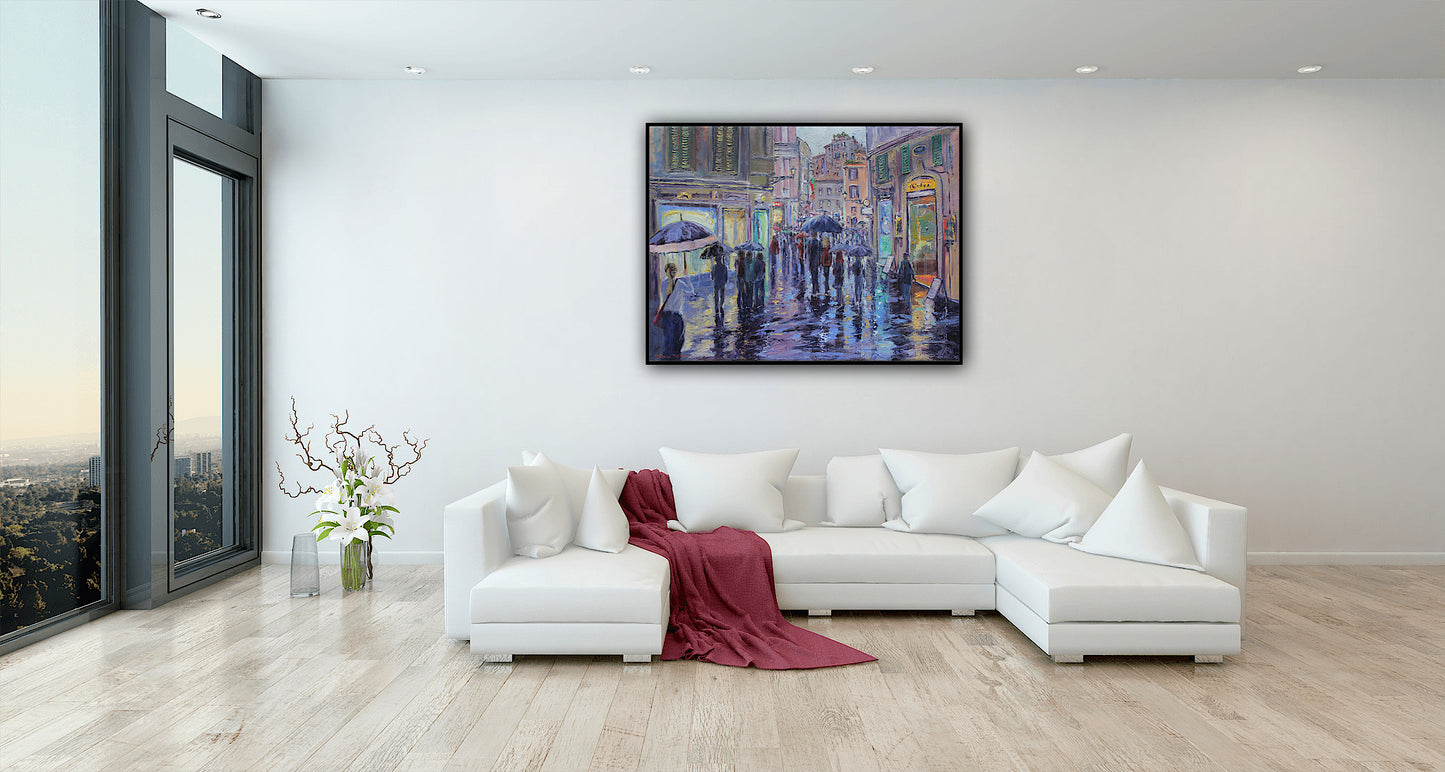 A Rainy Evening Stroll In Rome, Original 30" x 40" European Cityscape Oil Painting On Canvas