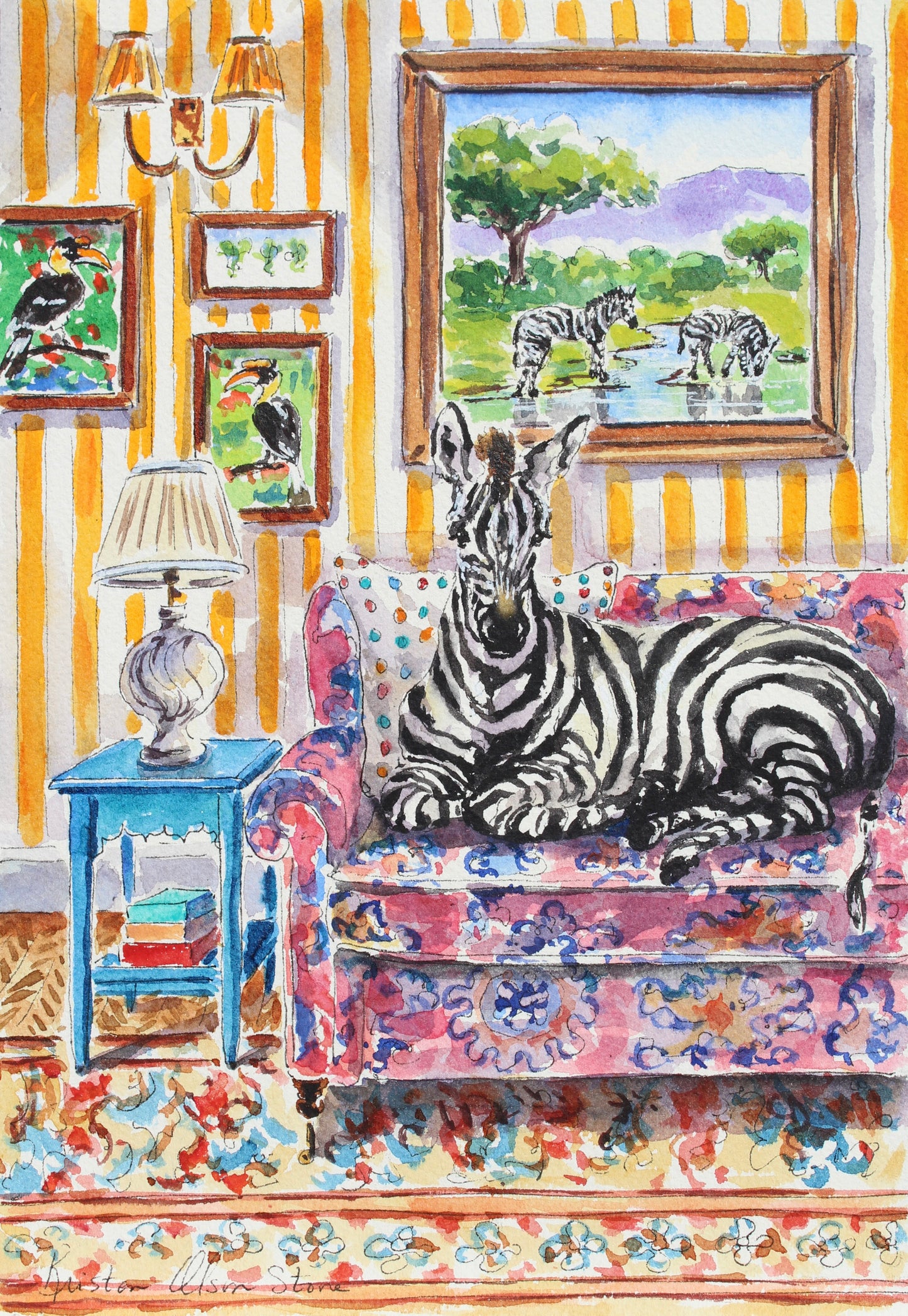 A colorful watercolor painting of a zebra lying on a floral sofa in a striped living room, with framed bird and zebra paintings on the wall and a blue side table with a lamp.