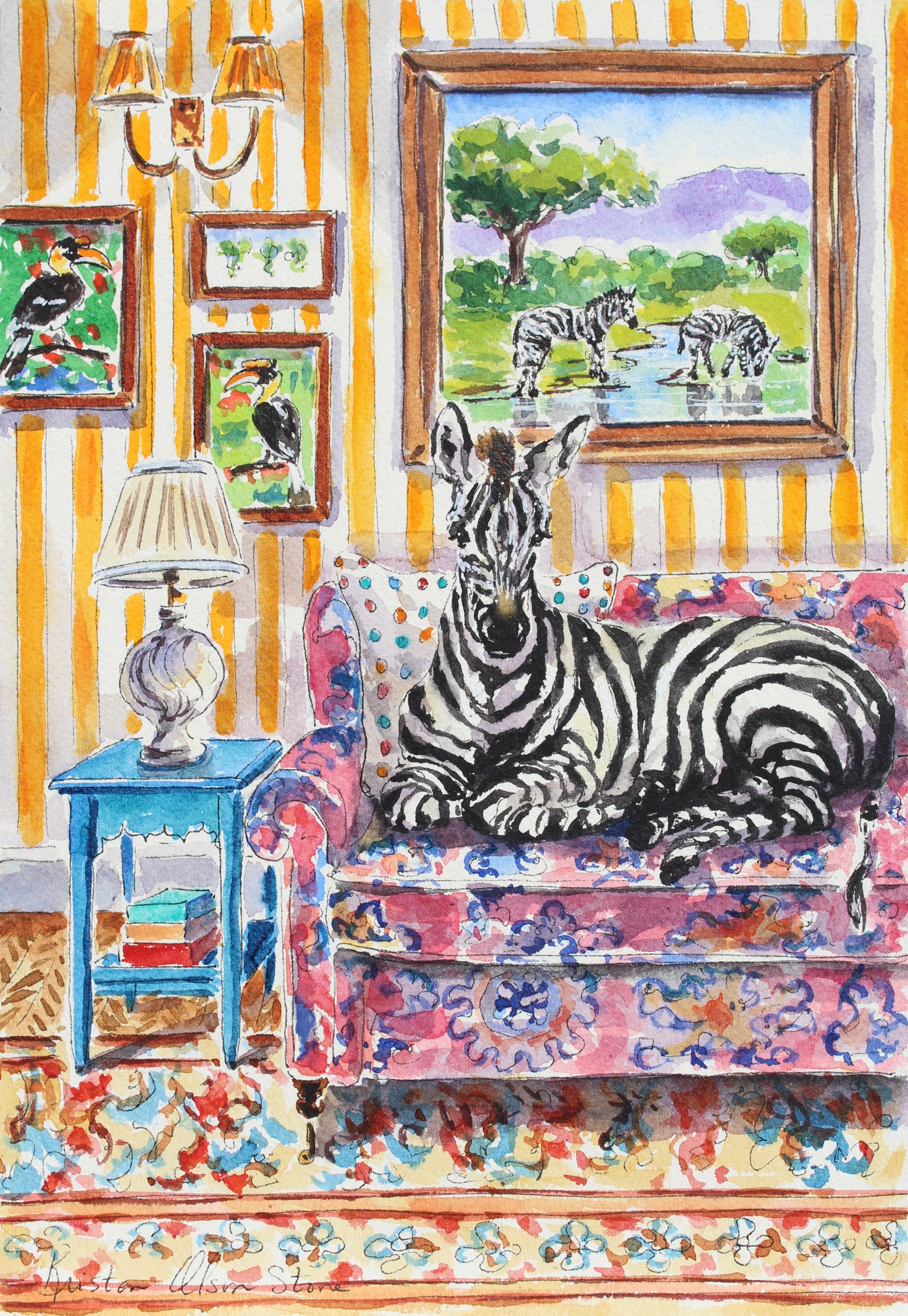 A colorful watercolor painting of a zebra lying on a floral sofa in a striped living room, with framed bird and zebra paintings on the wall and a blue side table with a lamp.