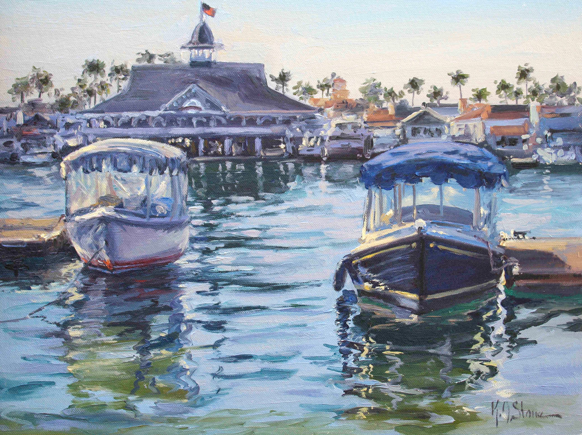 An oil painting of two Duffy boats docked along South Bayfront with the Balboa Pavillion in the distance, signed by Kristen Olson Stone.