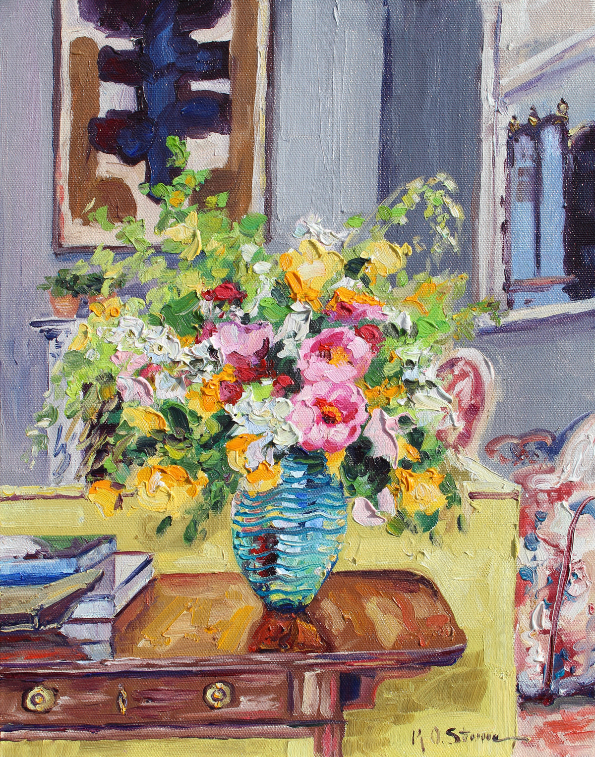 An oil painting depicting a vase of flowers with a blurred background suggesting a cozy, indoor setting.