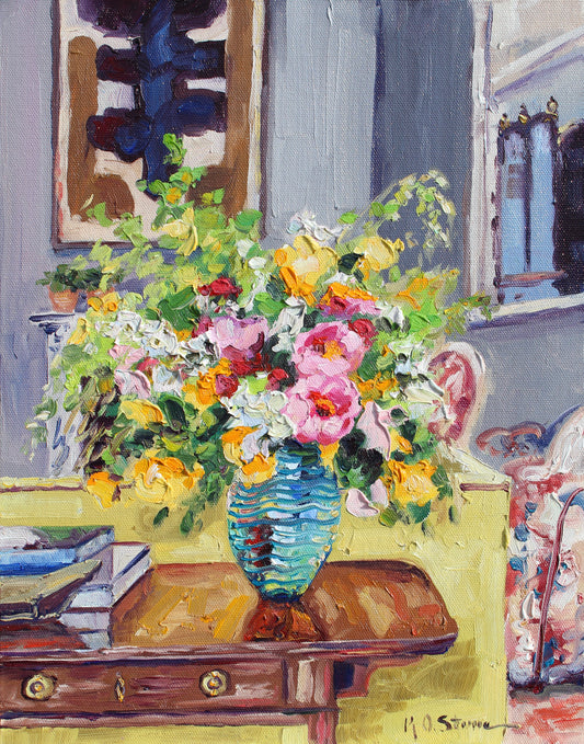 An oil painting depicting a vase of flowers with a blurred background suggesting a cozy, indoor setting.