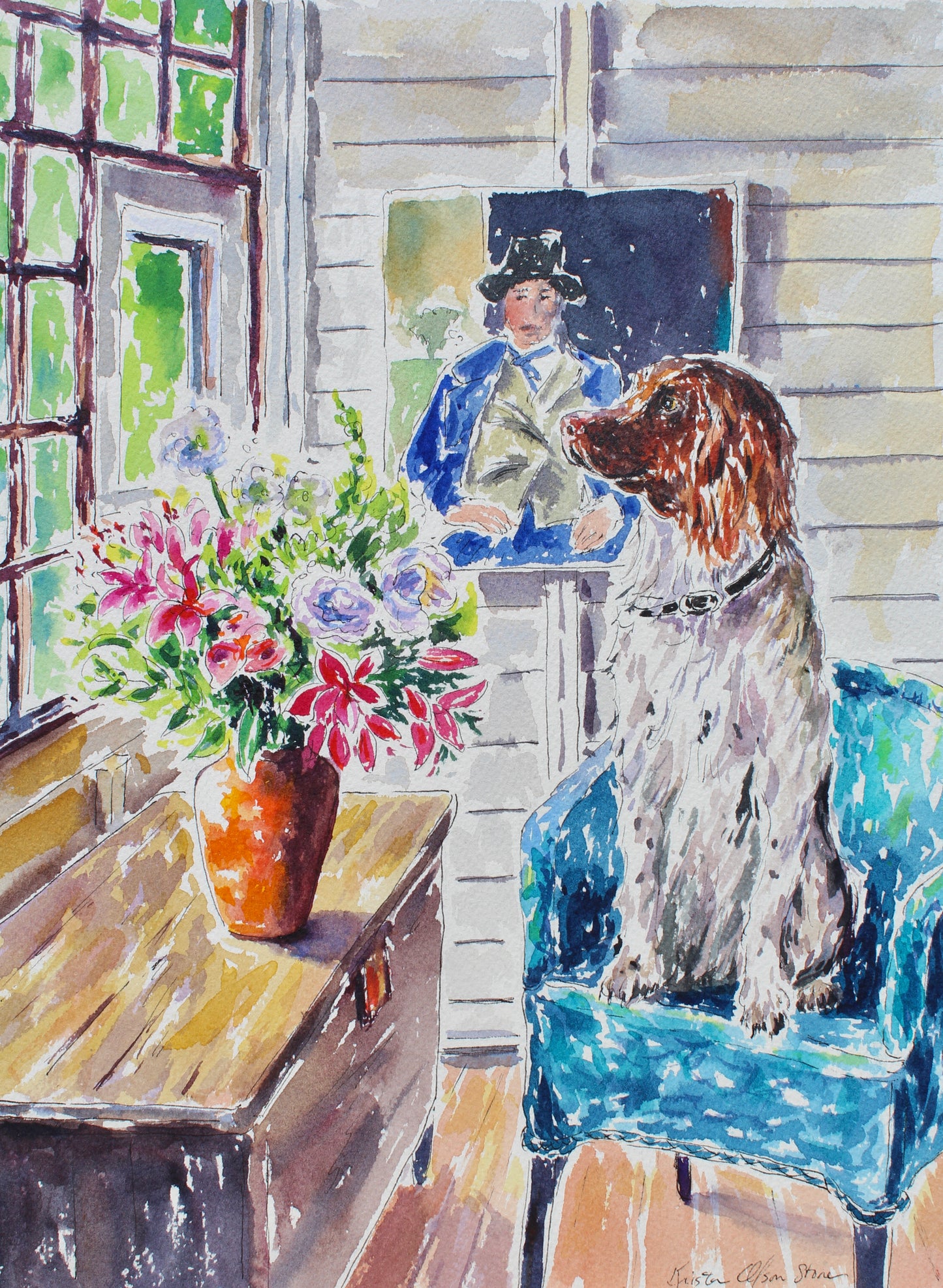 An original watercolor painting of a spaniel dog looking out of a window while sitting on a blue chair.  Wall decor for art collectors.
