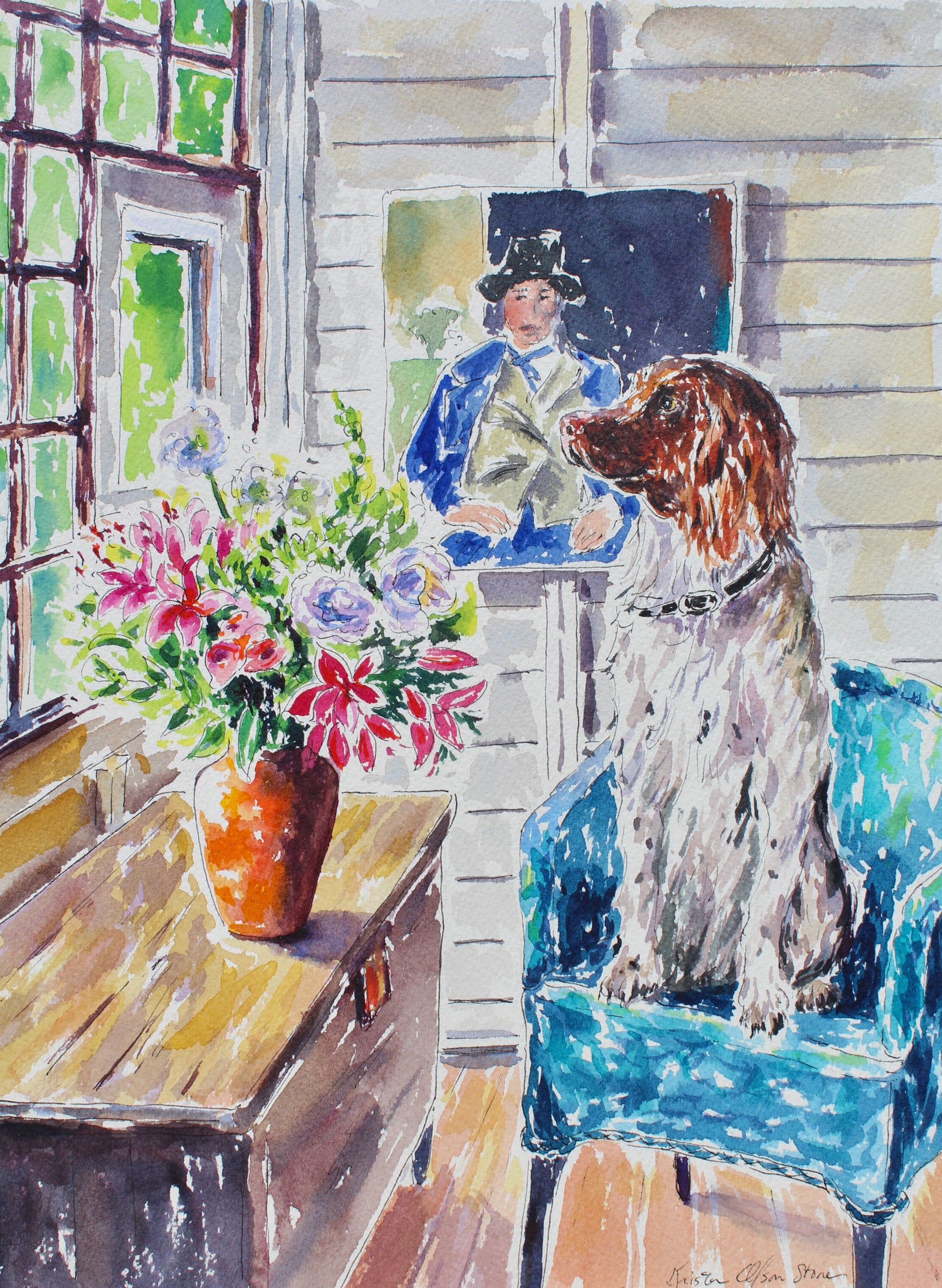 An original watercolor painting of a spaniel dog looking out of a window while sitting on a blue chair.  Wall decor for art collectors.