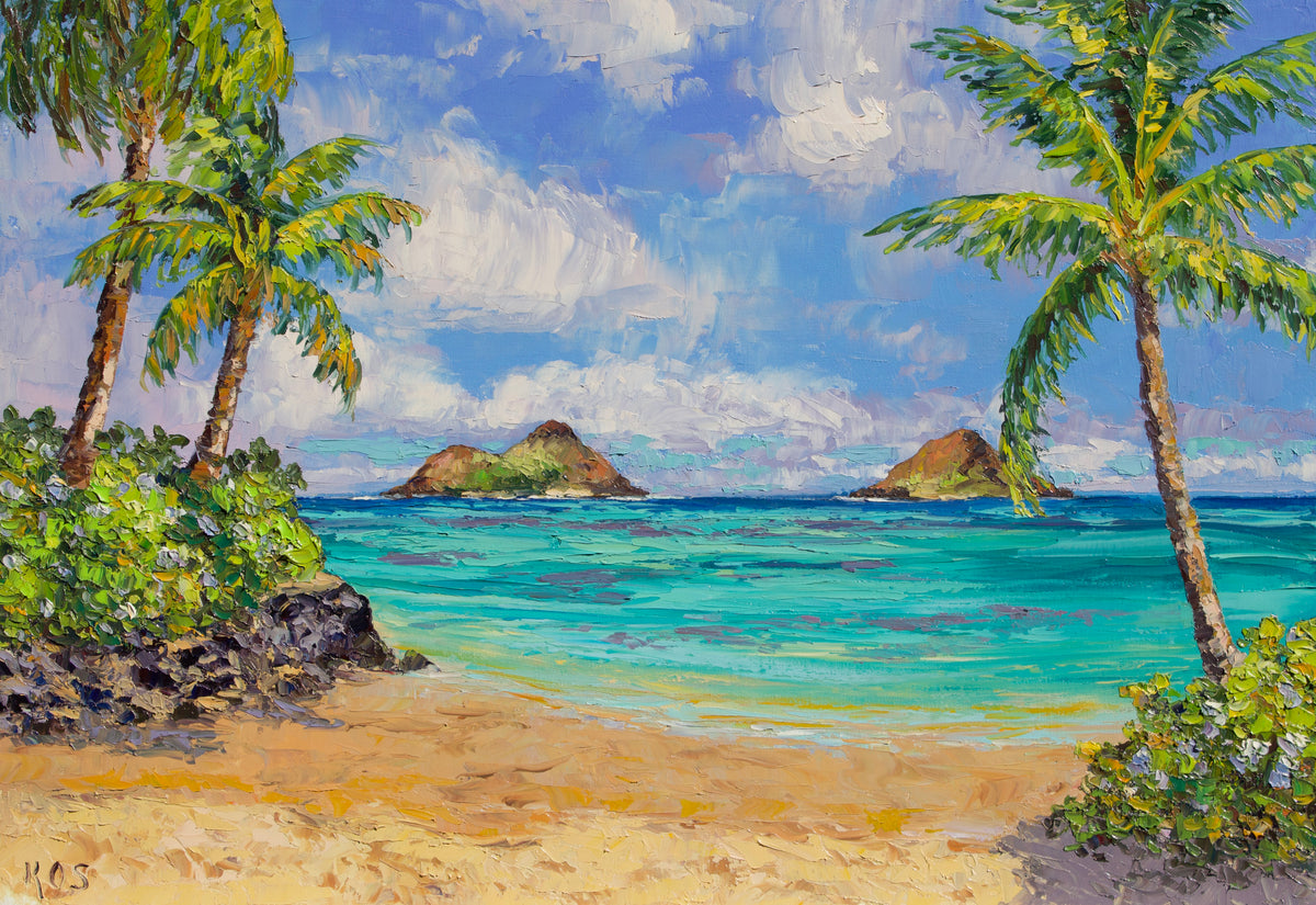 An impressionistic oil painting of a tropical beach scene with The Mokuluas or Mokulua Islands  of Hawaii with palm trees framing a sandy shore, turquoise ocean water, two volcanic island silhouettes in the distance, and a blue sky with white clouds.