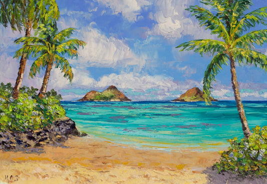 An impressionistic oil painting of a tropical beach scene with The Mokuluas or Mokulua Islands  of Hawaii with palm trees framing a sandy shore, turquoise ocean water, two volcanic island silhouettes in the distance, and a blue sky with white clouds.