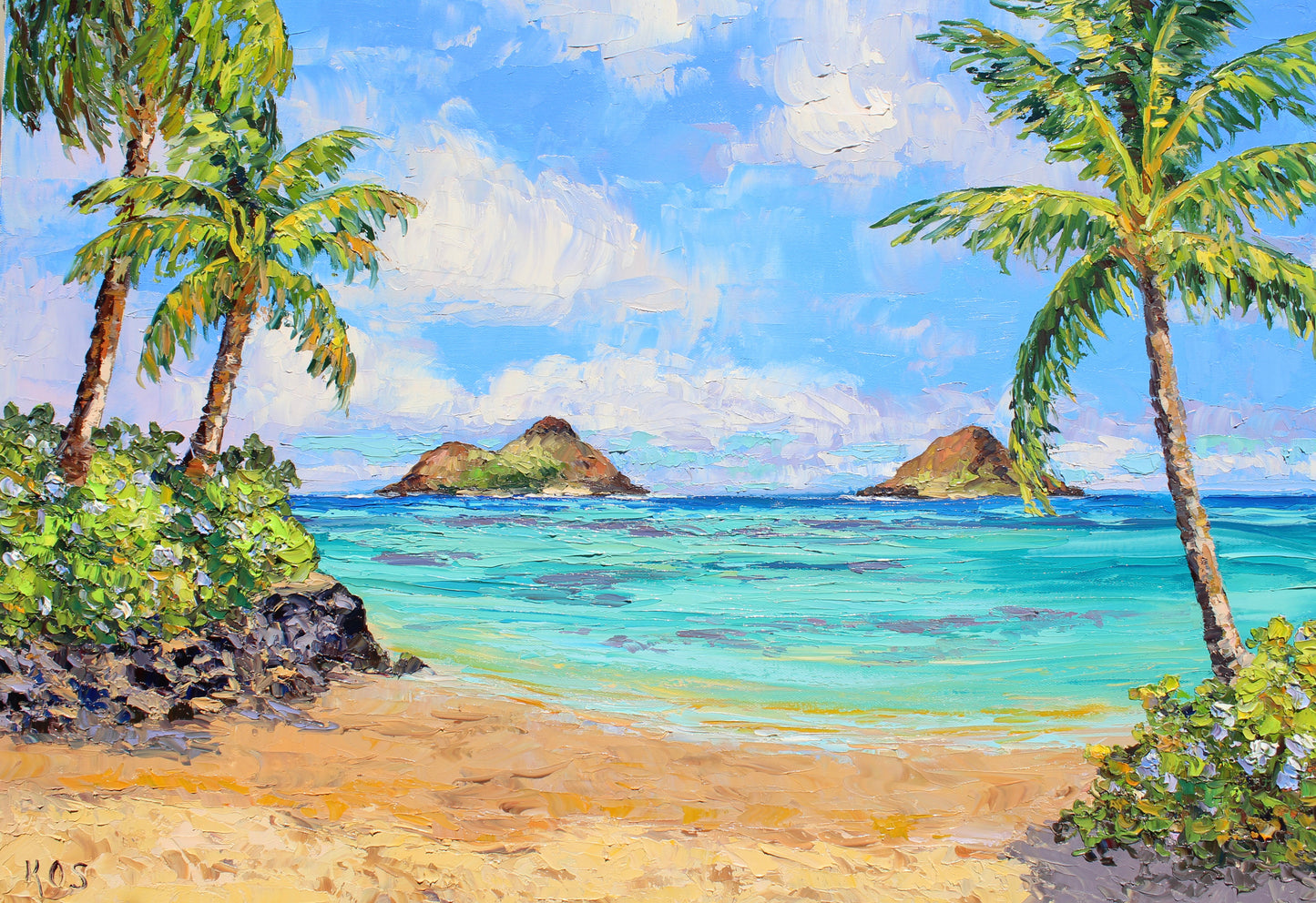 An original impasto textured oil painting of Lanikai, Oahu, Hawaii.  Tropical coconut palms frame the entrance to the beach called Baby Beach.  In the distance are 2 offshore islands called The Mokuluas.  Golden sand and tropical foliage are in the foreground.  The water is turquoise blue.  Wall decor for art collectors.
