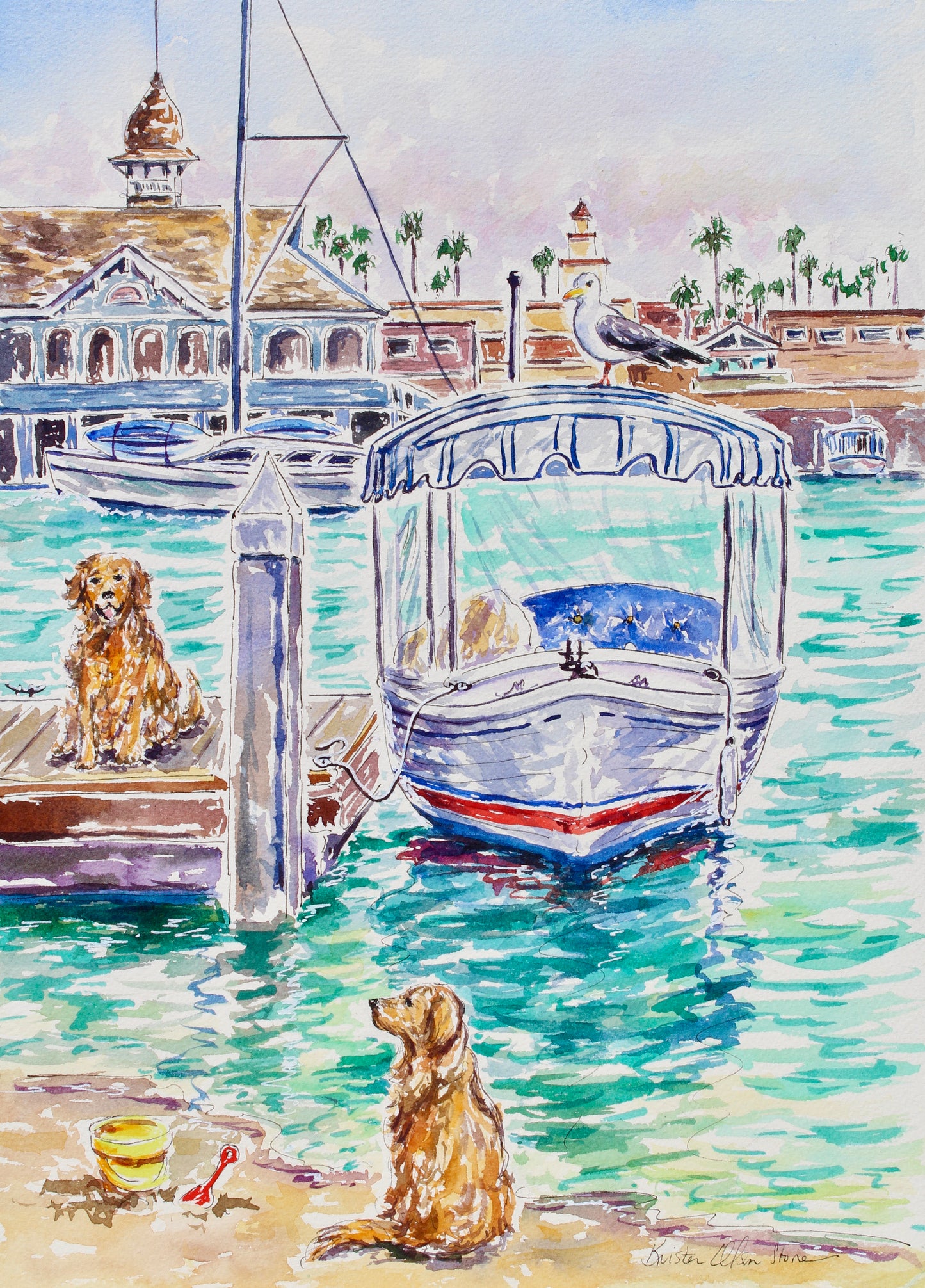 An original watercolor and ink painting featuring two golden retriever dogs on a dock with a Duffy boat, a sailboat, The Balboa Pavillion, and palm trees in the background.