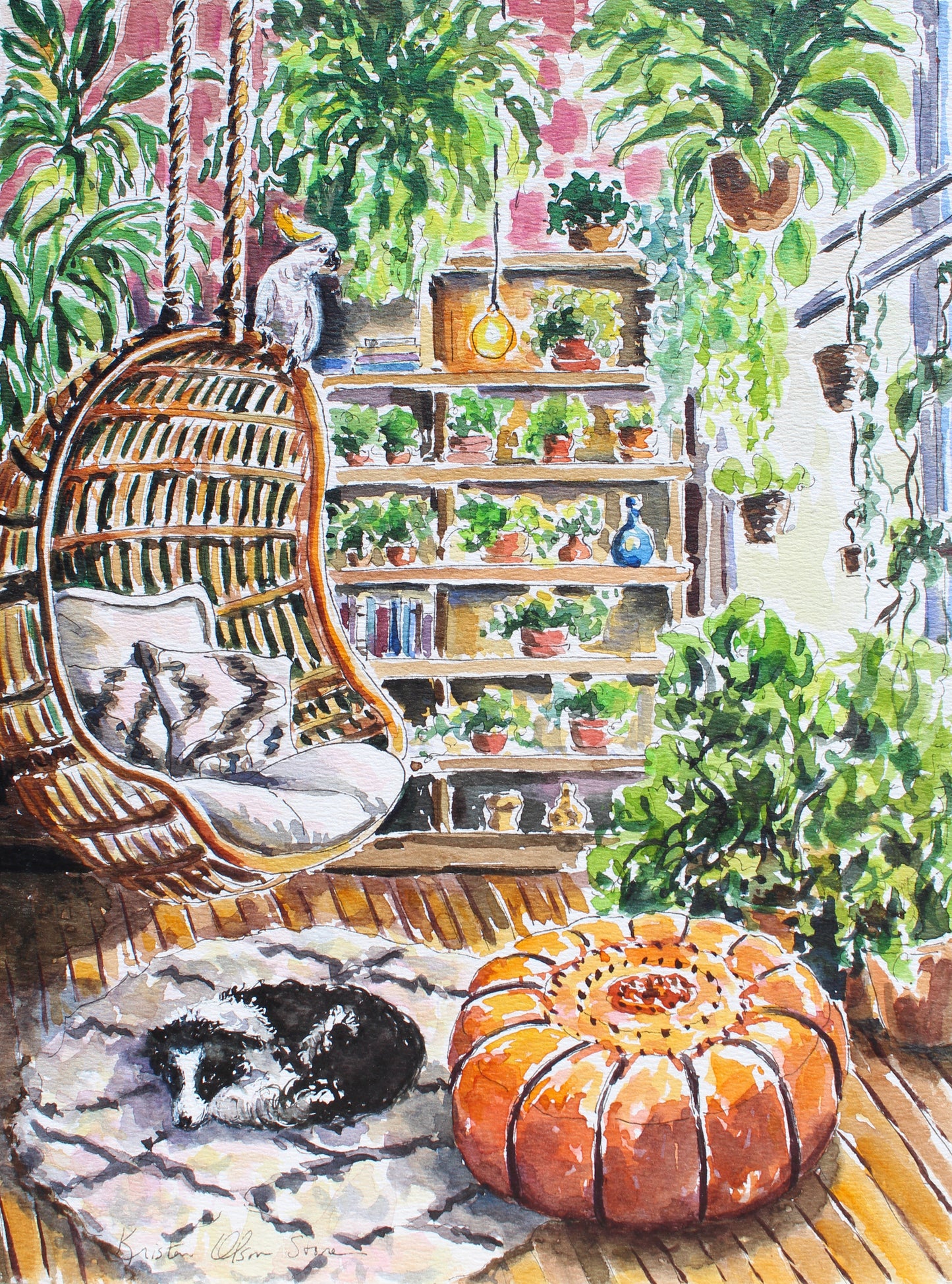 An original watercolor painting featuring a border collie and a cockatoo in a plant-filled, tropical-inspired interior setting. The artwork includes a chair with a person, a hanging planter, and various potted plants. Art decor for collectors.