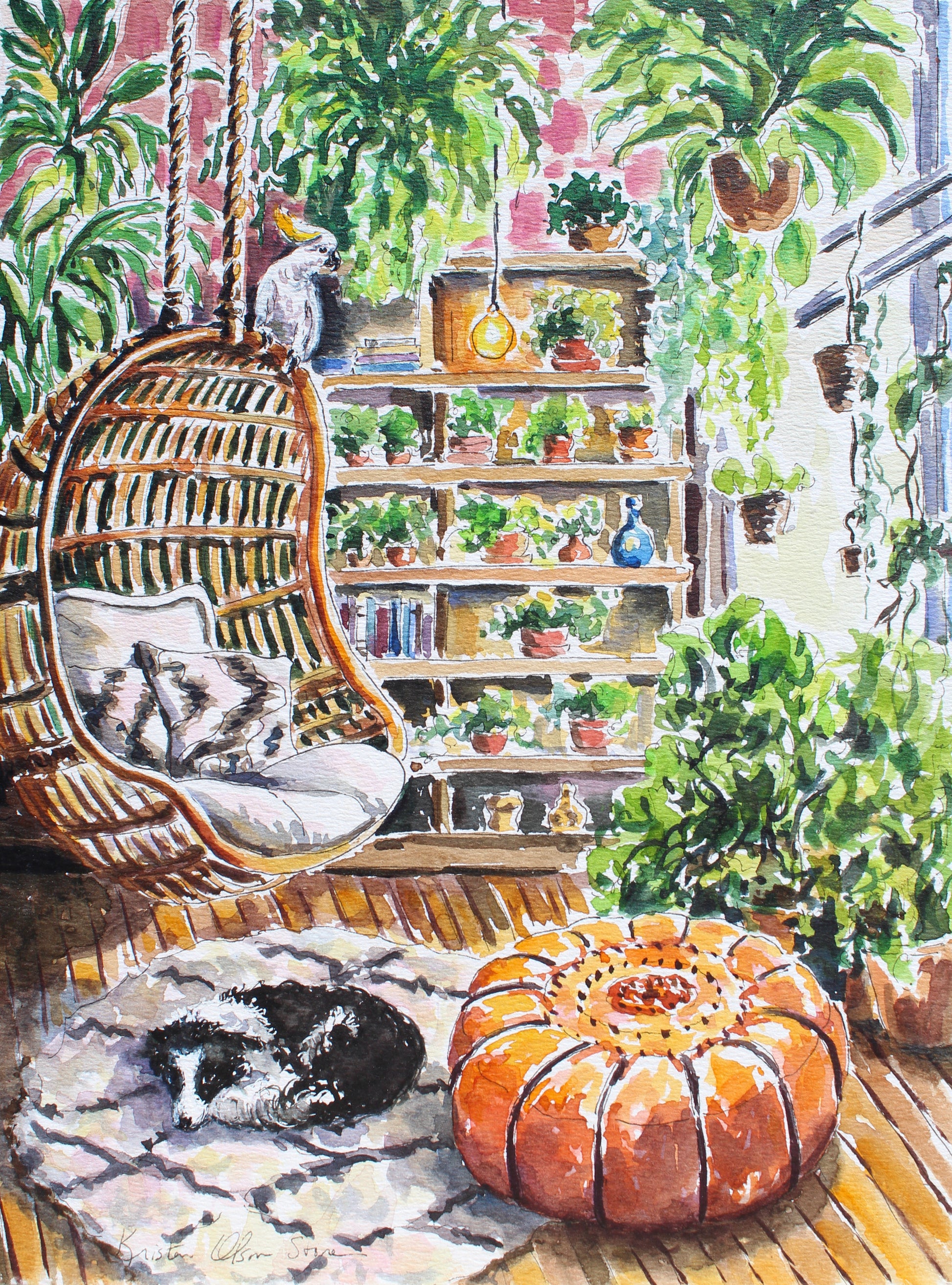 An original watercolor painting featuring a border collie and a cockatoo in a plant-filled, tropical-inspired interior setting. The artwork includes a chair with a person, a hanging planter, and various potted plants. Art decor for collectors.