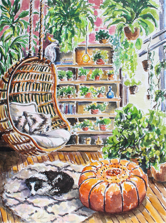 An original watercolor painting featuring a border collie and a cockatoo in a plant-filled, tropical-inspired interior setting. The artwork includes a chair with a person, a hanging planter, and various potted plants. Art decor for collectors.